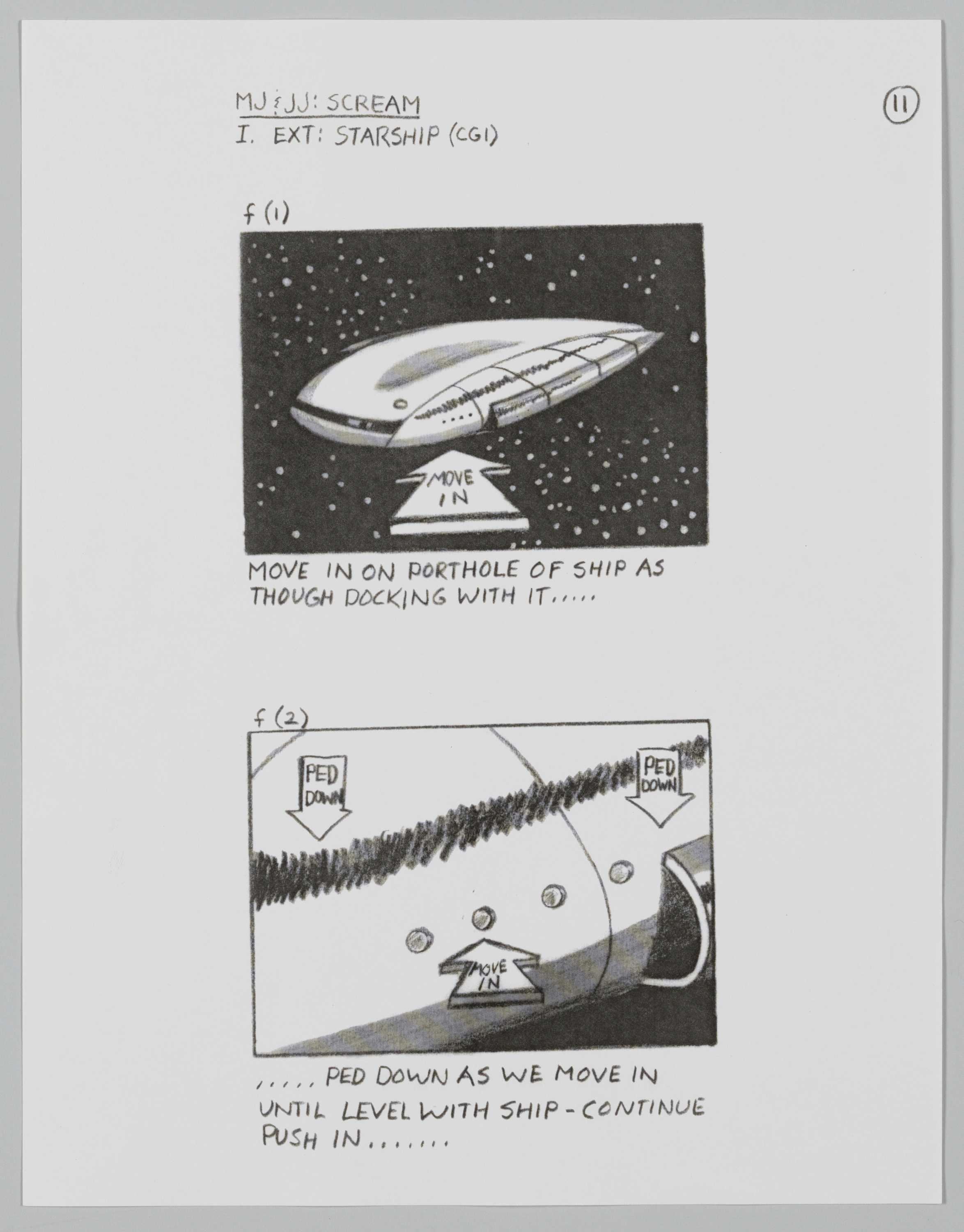 A pencil drawing of two frames, moving in on a porthole on a spaceship.