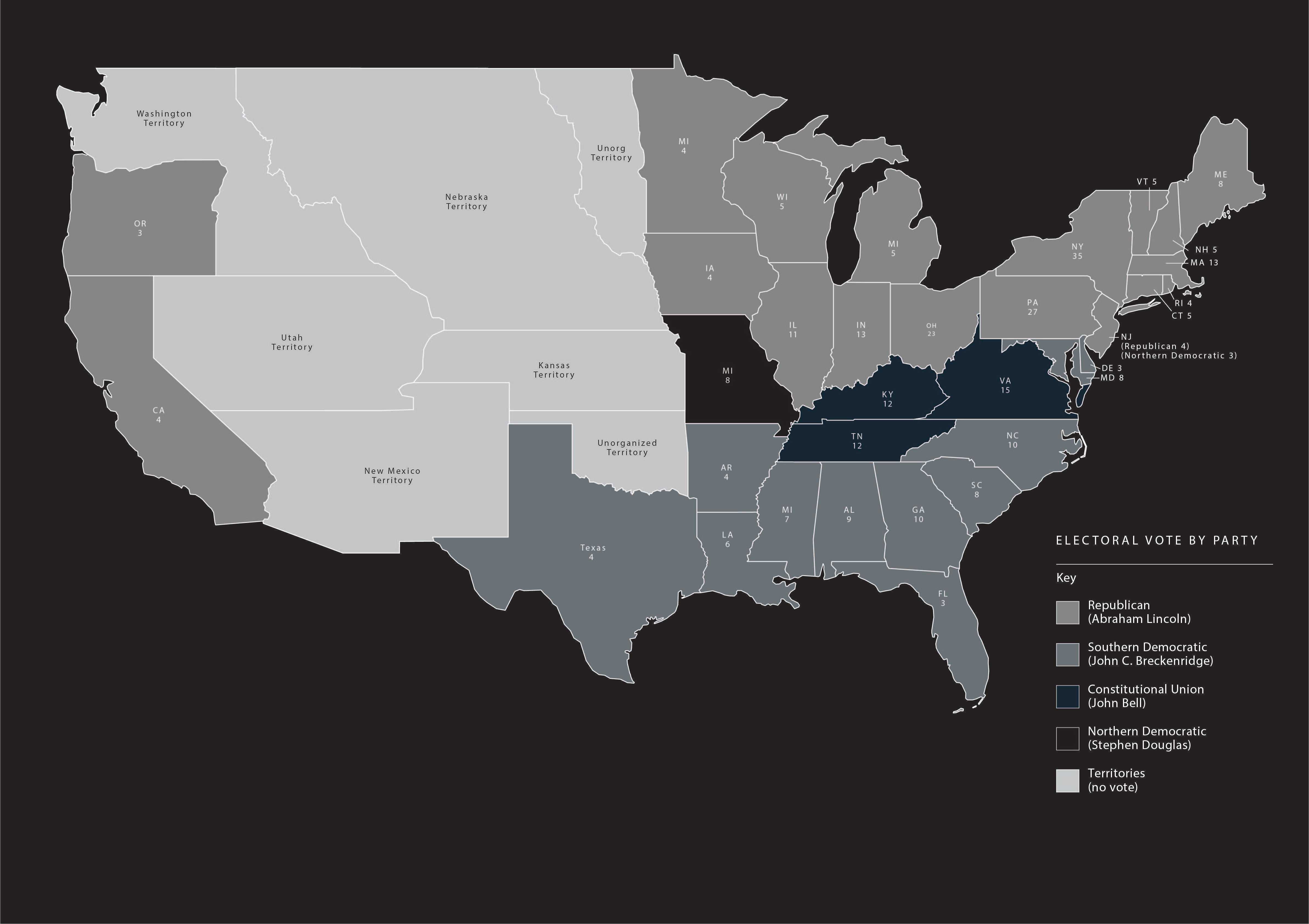 Map of Election of 1860, Electoral Vote by Party