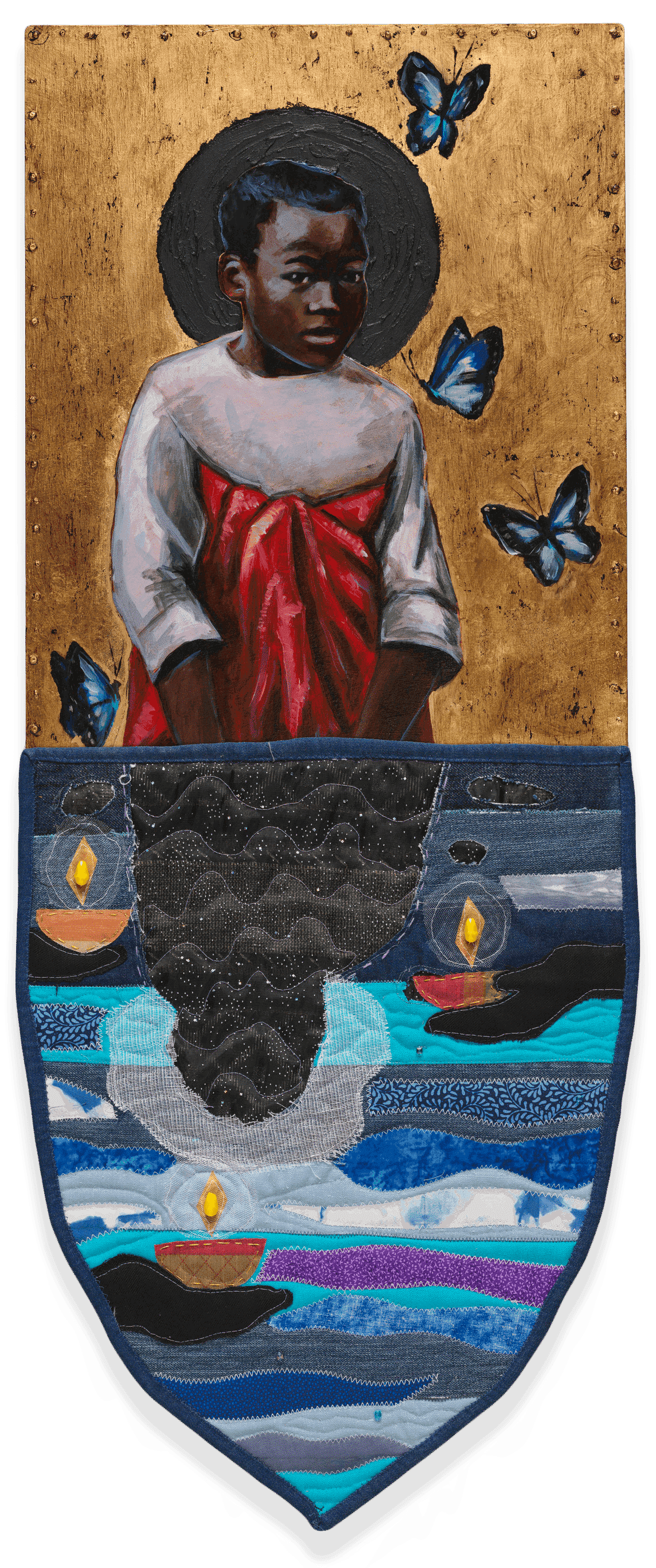 A mixed media piece of art by Stephen Towns that has a painting of a young black girl and her standow reflected in the water.