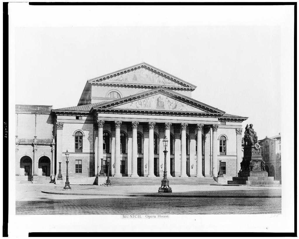 Black and white photograph of Munich Opera House