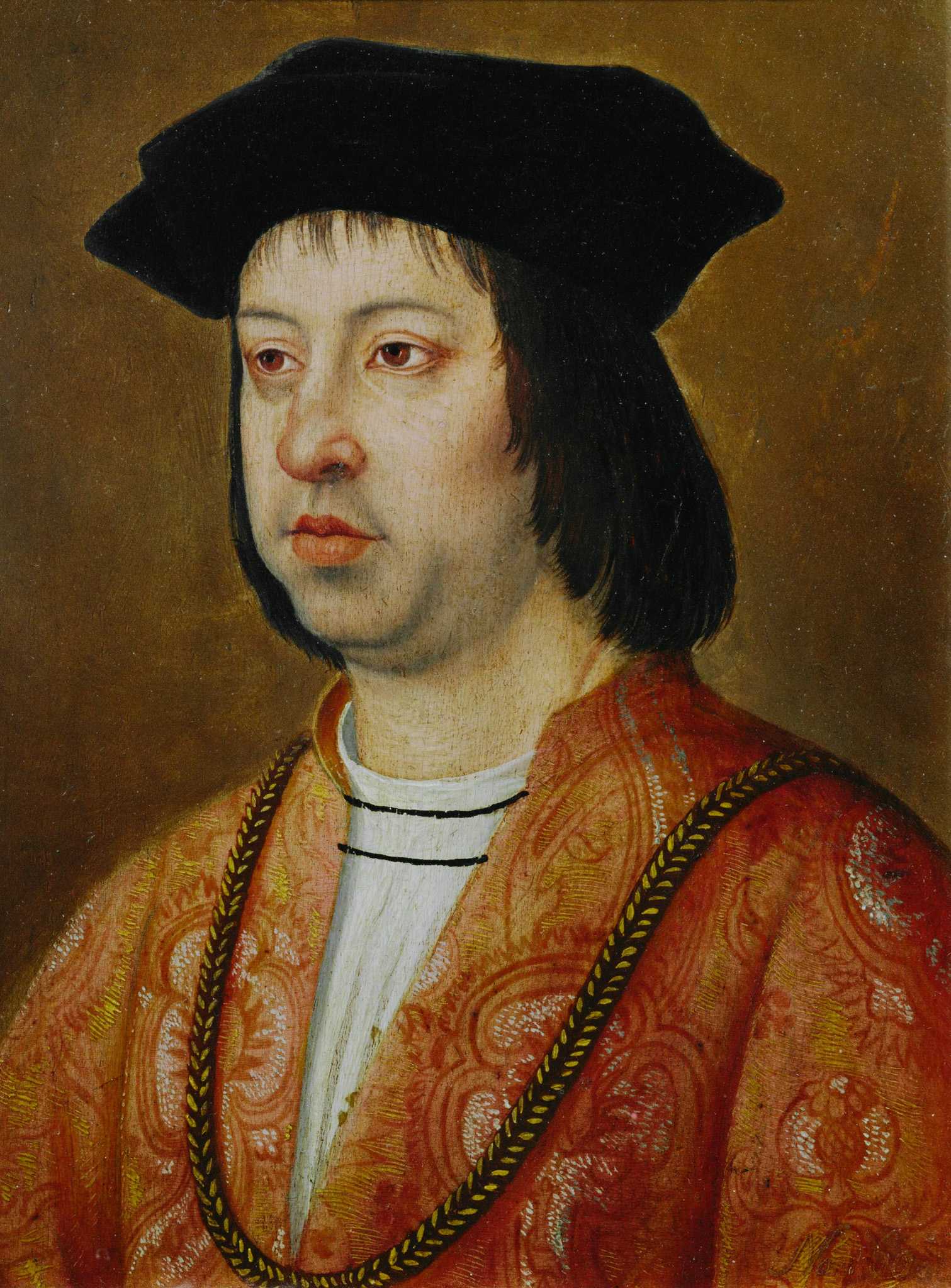 A painted portrait of King Ferdinand of Spain. He is wearing an orange tunic with a white undershirt.