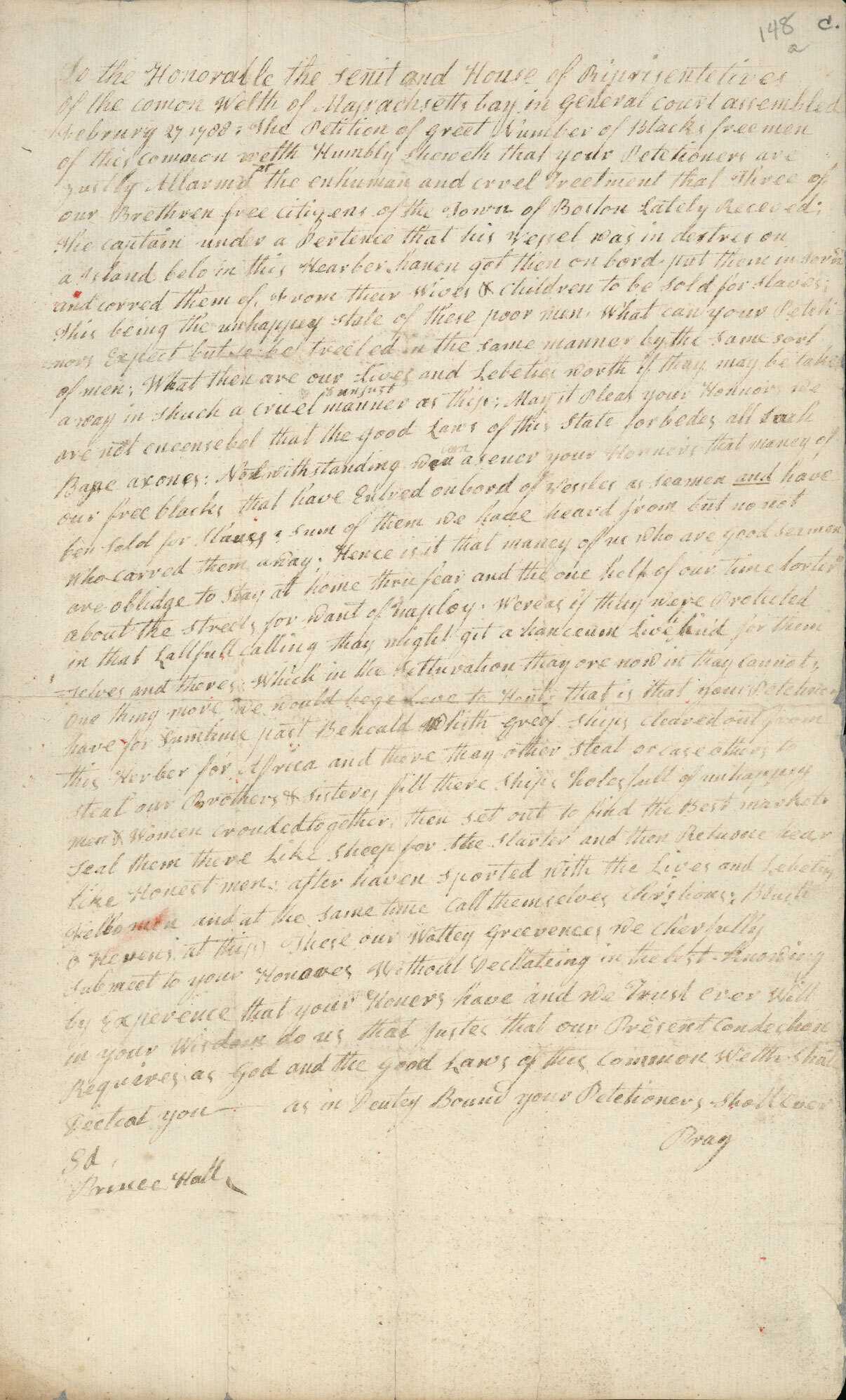 Image of Prince Hall’s Petition to the State of Massachusetts