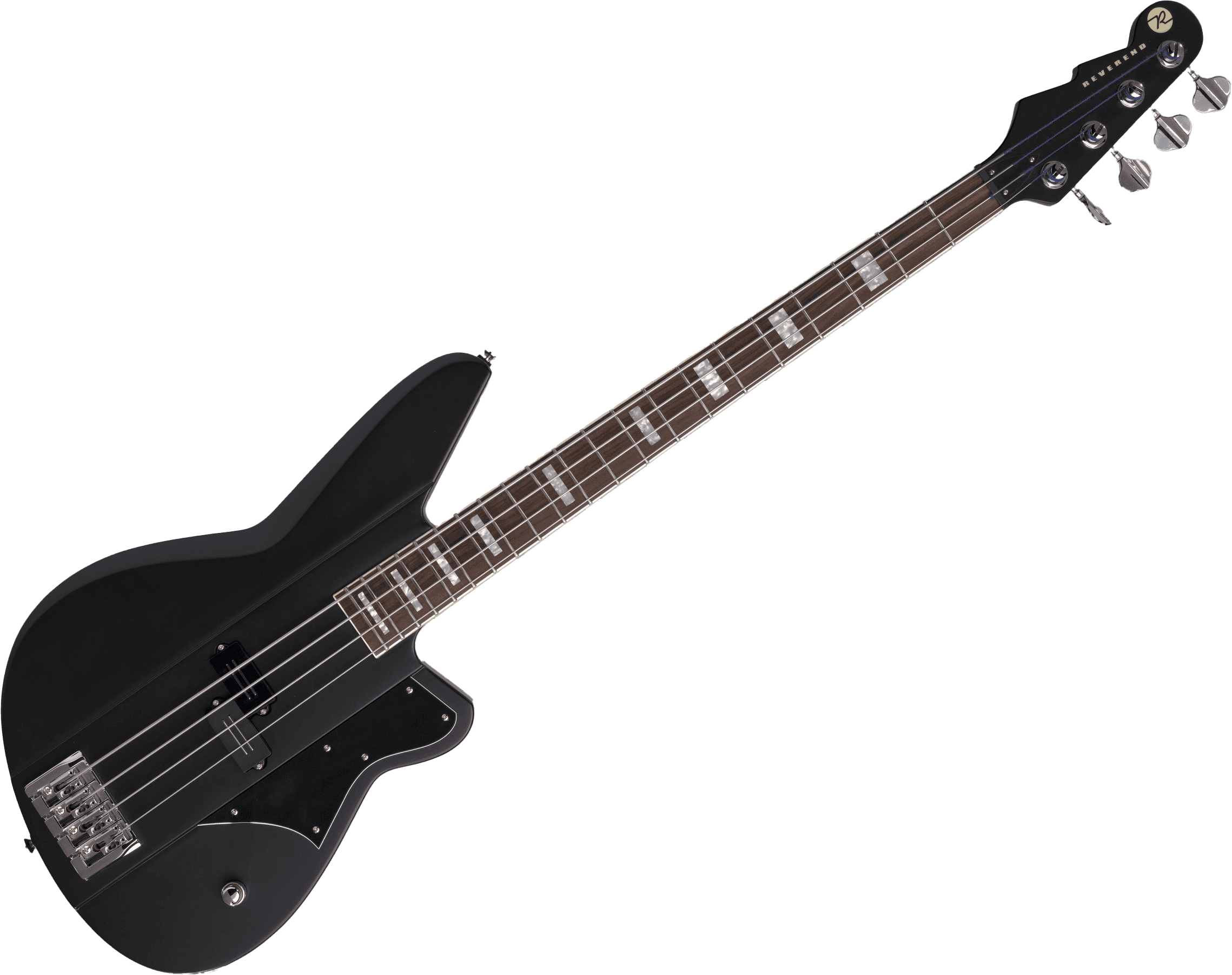 Meshell Ndegeocello's Bass's is black. It is suspended in front of a grey background.