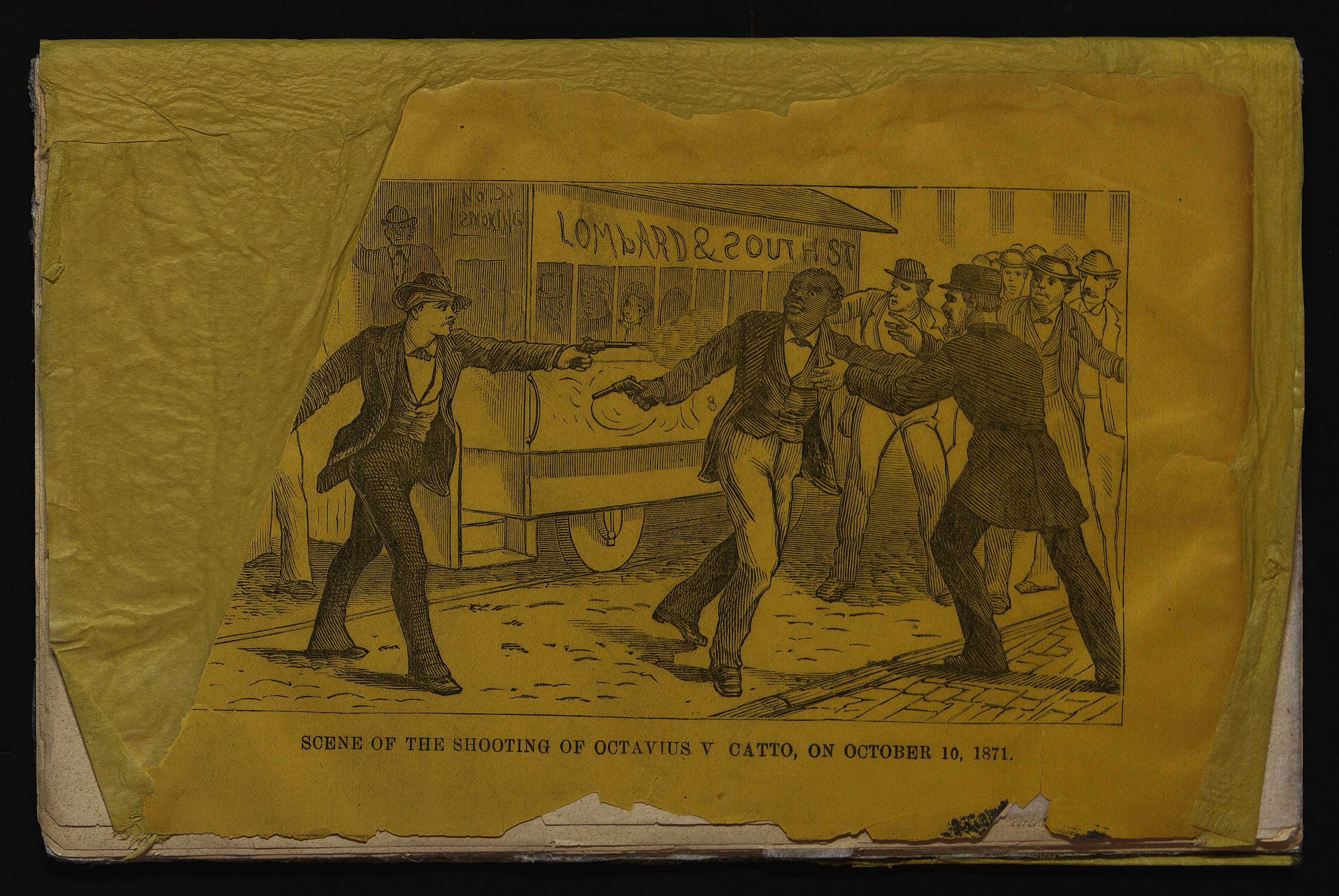 Printed cartoon showing the assignation of Octavius Catto in Philadelphia in 1871.