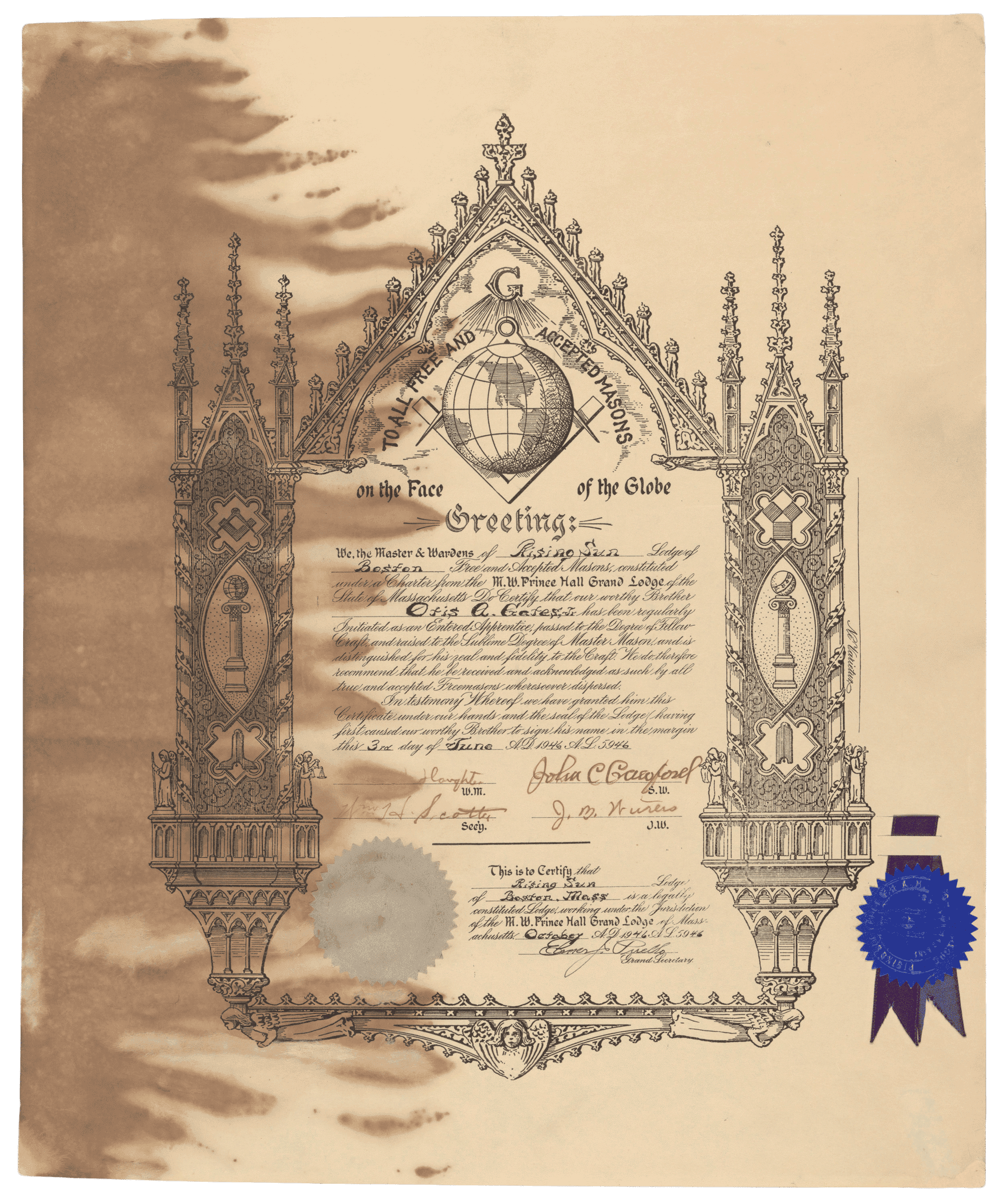 A certificate of initiation for Otis A. Gates Jr. into the Rising Sun Masonic Lodge a part of the Most (M.) Worshipful (W.) Prince Hall Grand Lodge of Massachusetts.