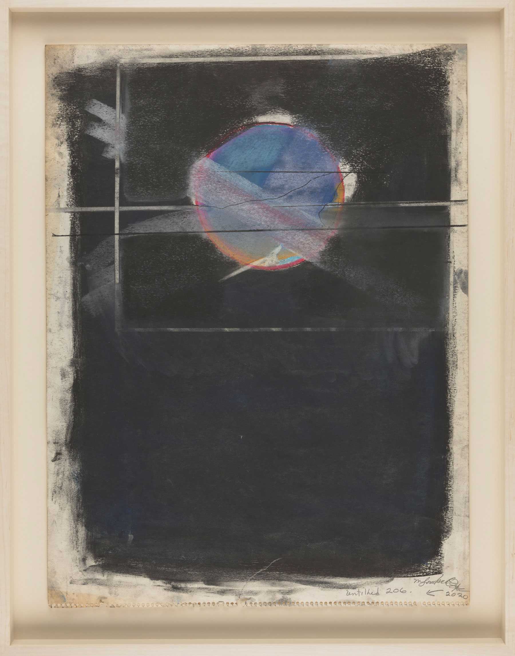 Abstract painting with a dark background and a colorful circle in the center. Horizontal and diagonal lines intersect the image.