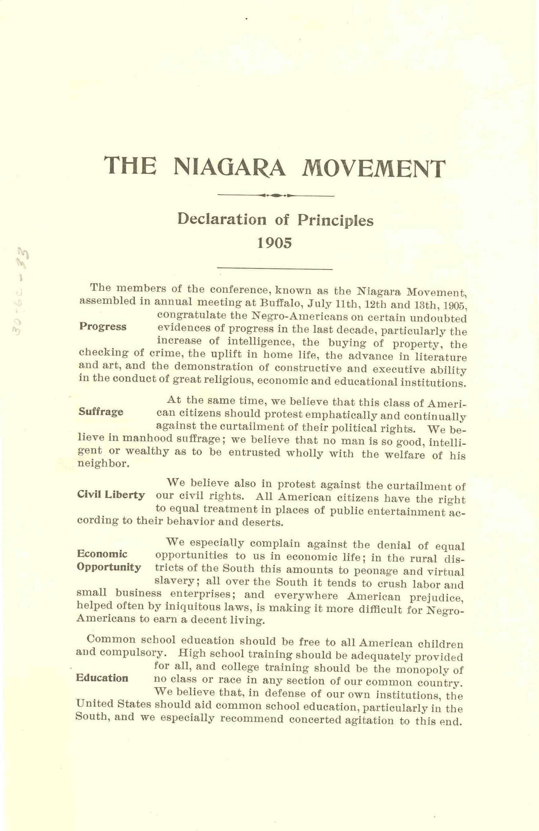 Image of the Niagara Movement's Declaration of Principles