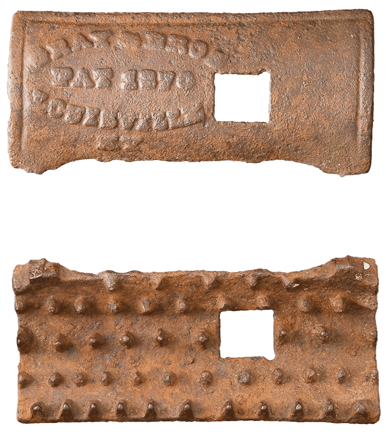 2 parts of an iron corn sheller embossed with "Bray Bros  Pat 1870"