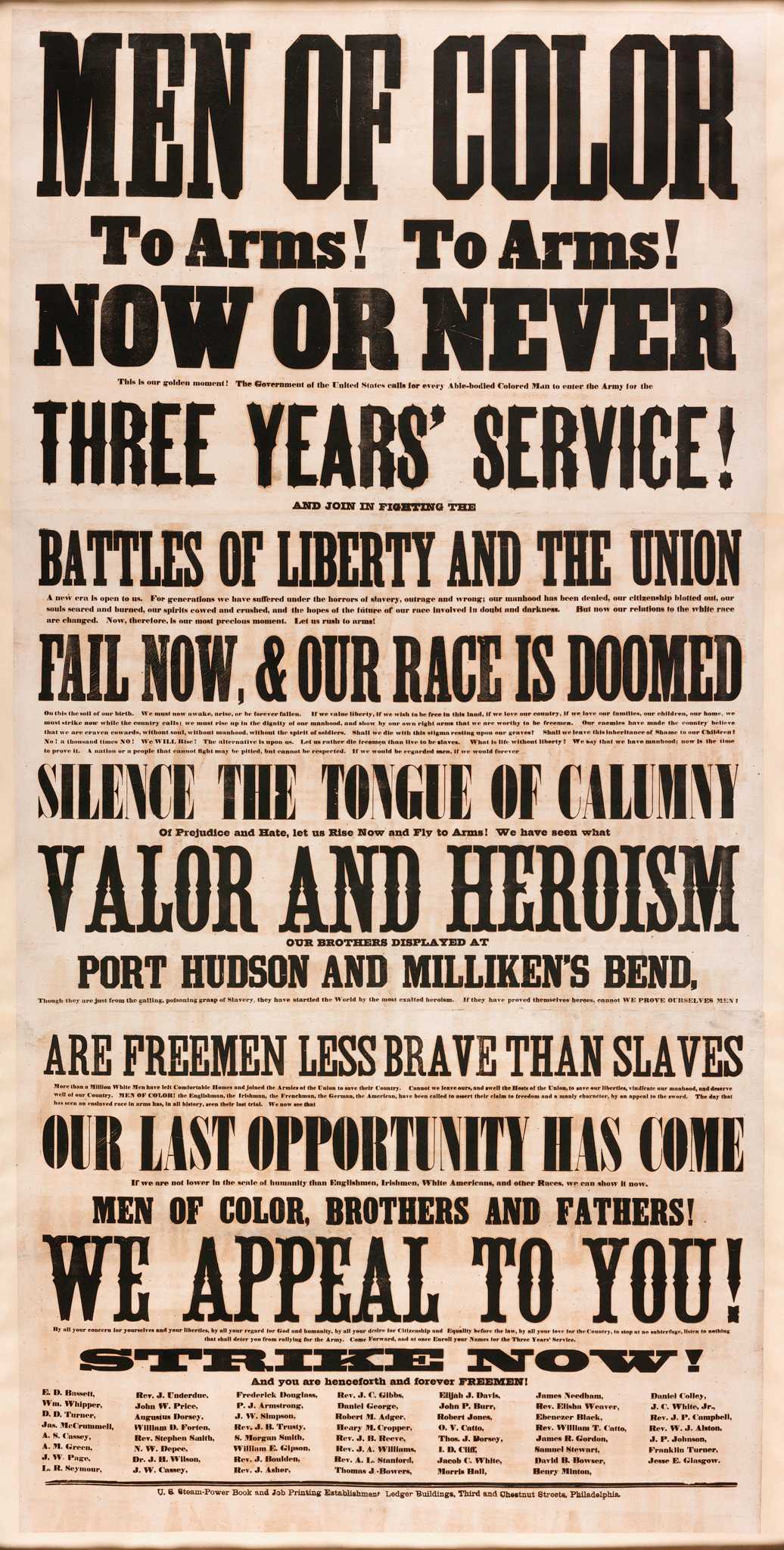 Large three-sheet broadside promoting "Men of Color" to enlist in the Army; text printed in relief with carved wood type and cast letterpress/metal type. Text reads "MEN OF COLOR  To Arms! To Arms!"