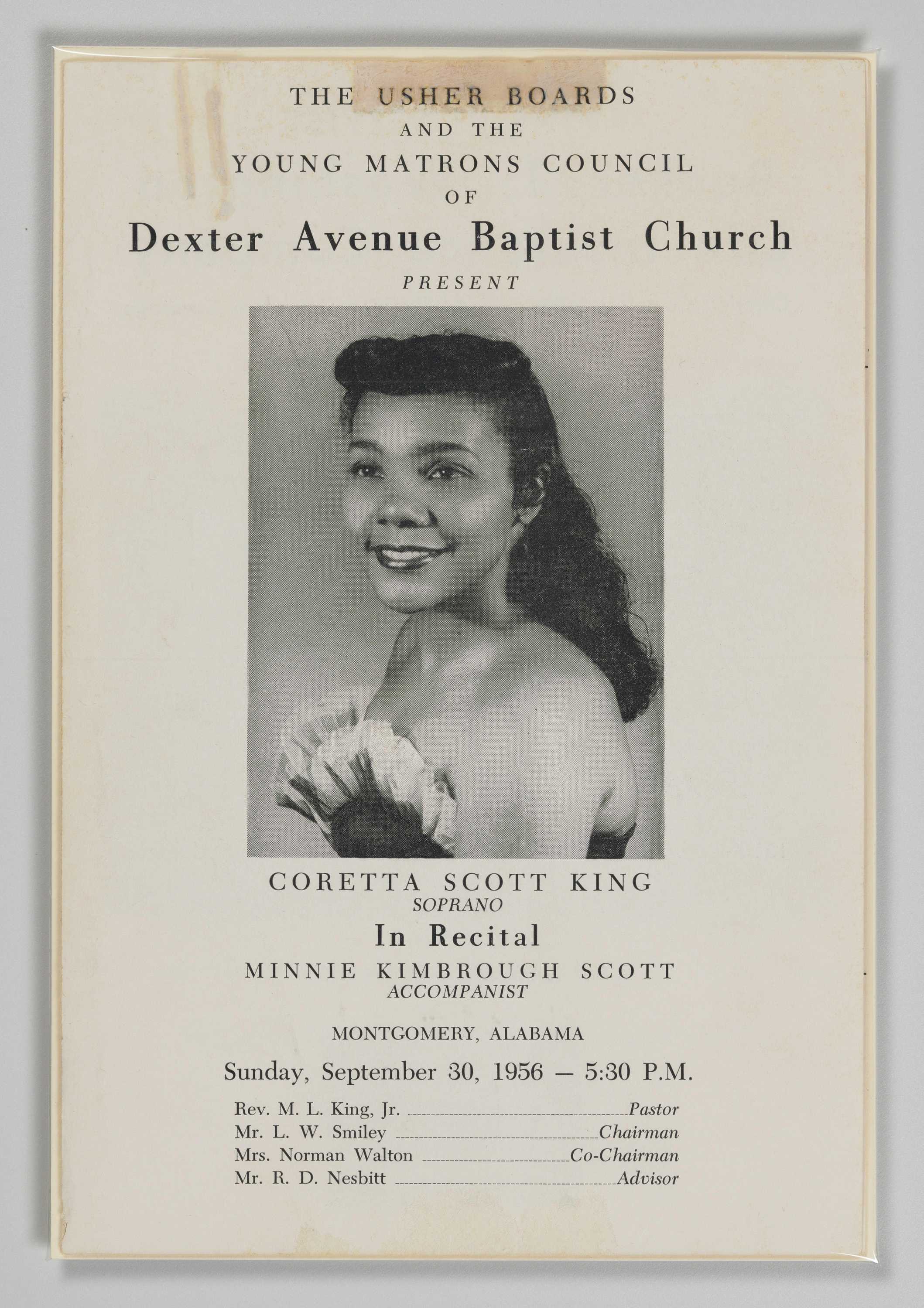Image of a program for a Mrs. Coretta Scott King recital on September 30, 1956. The program features a photograph of King and information about the recital.