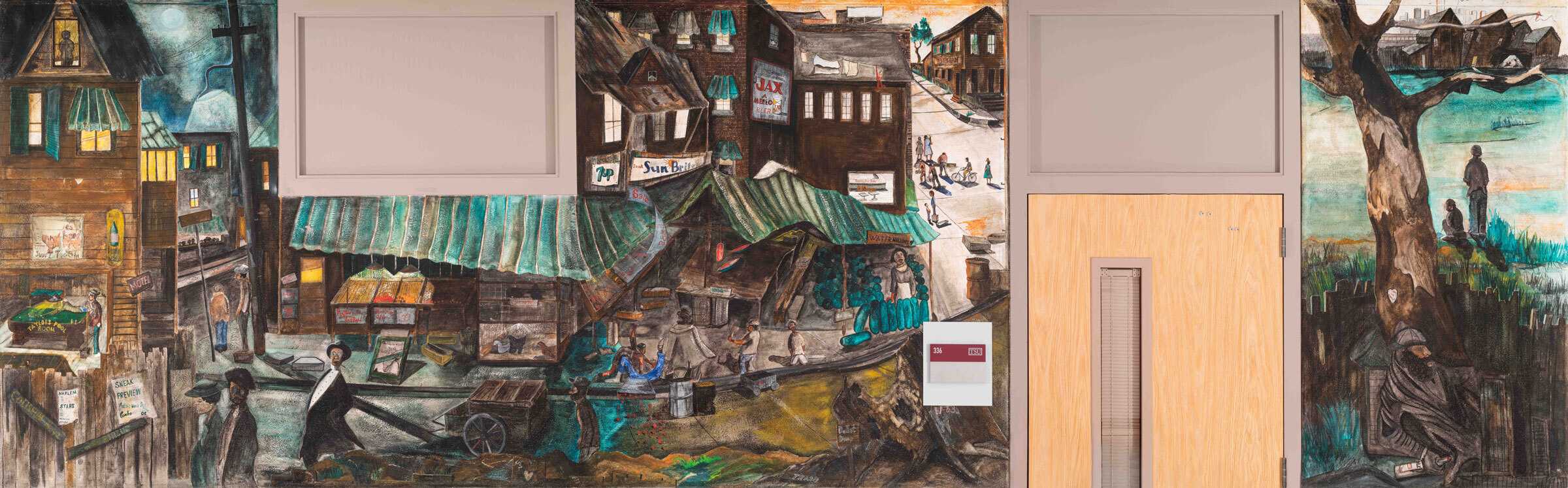 Colorful mural of a village scene with houses, market stalls, and people, centered around a wooden door and a large tree.