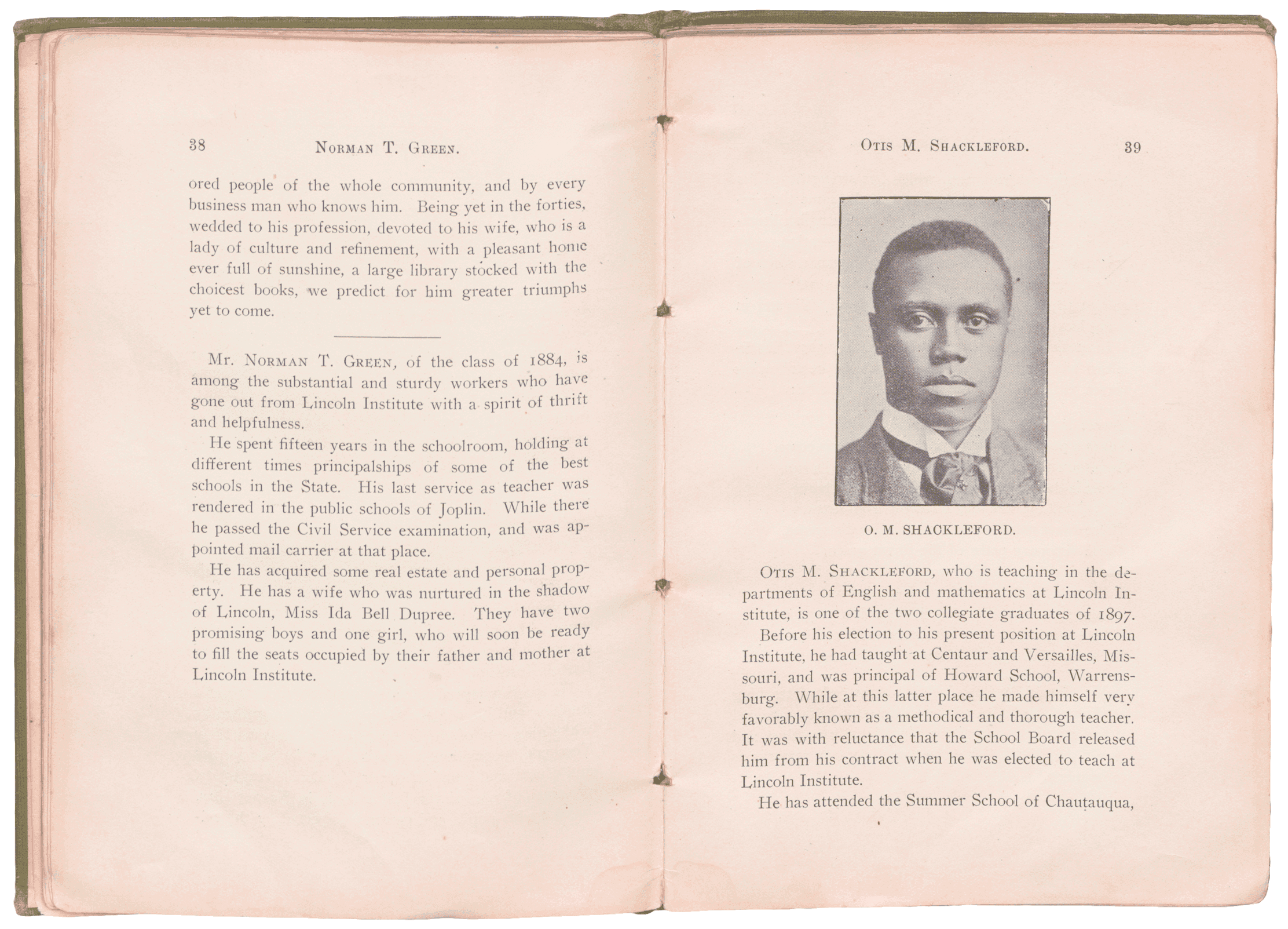 An open book detailing two graduates, Norman T. Green and Ottis M. Shackleford, of Lincoln Institute.