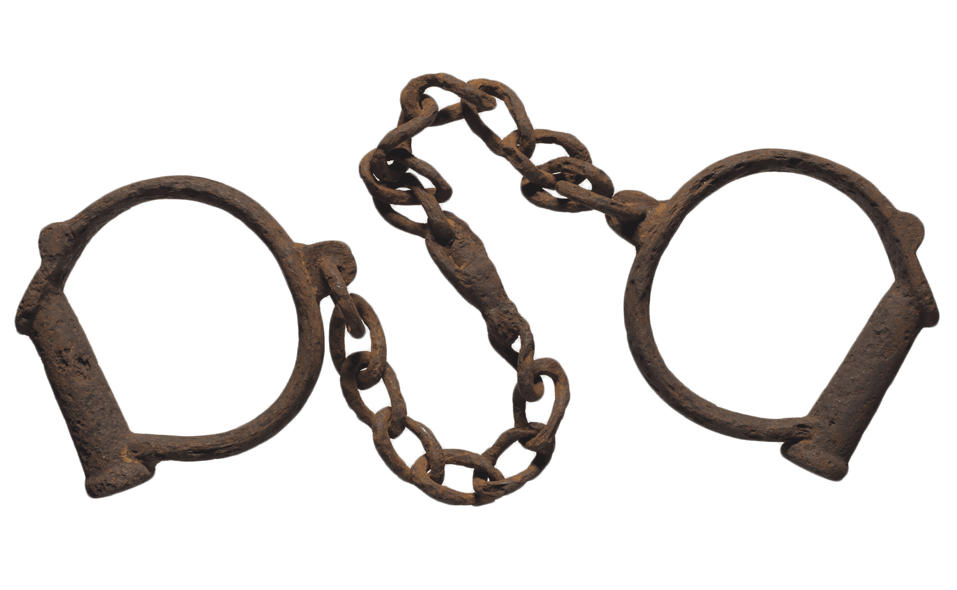 Two iron shackles consisting of iron loops joined together by a length of iron chain. The iron is heavily rusted.