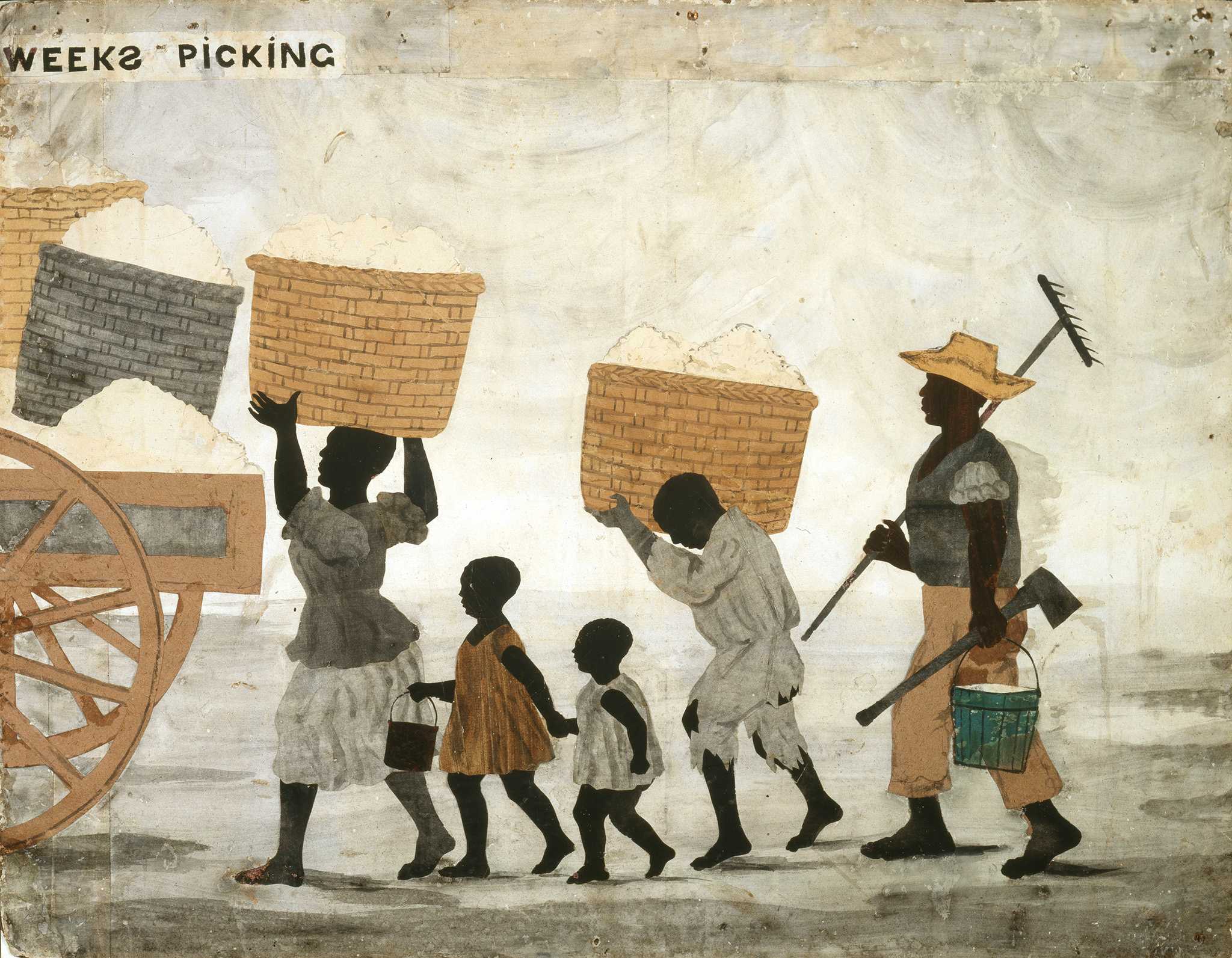 Illustration of people carrying cotton and tools while wearing cotton garmets