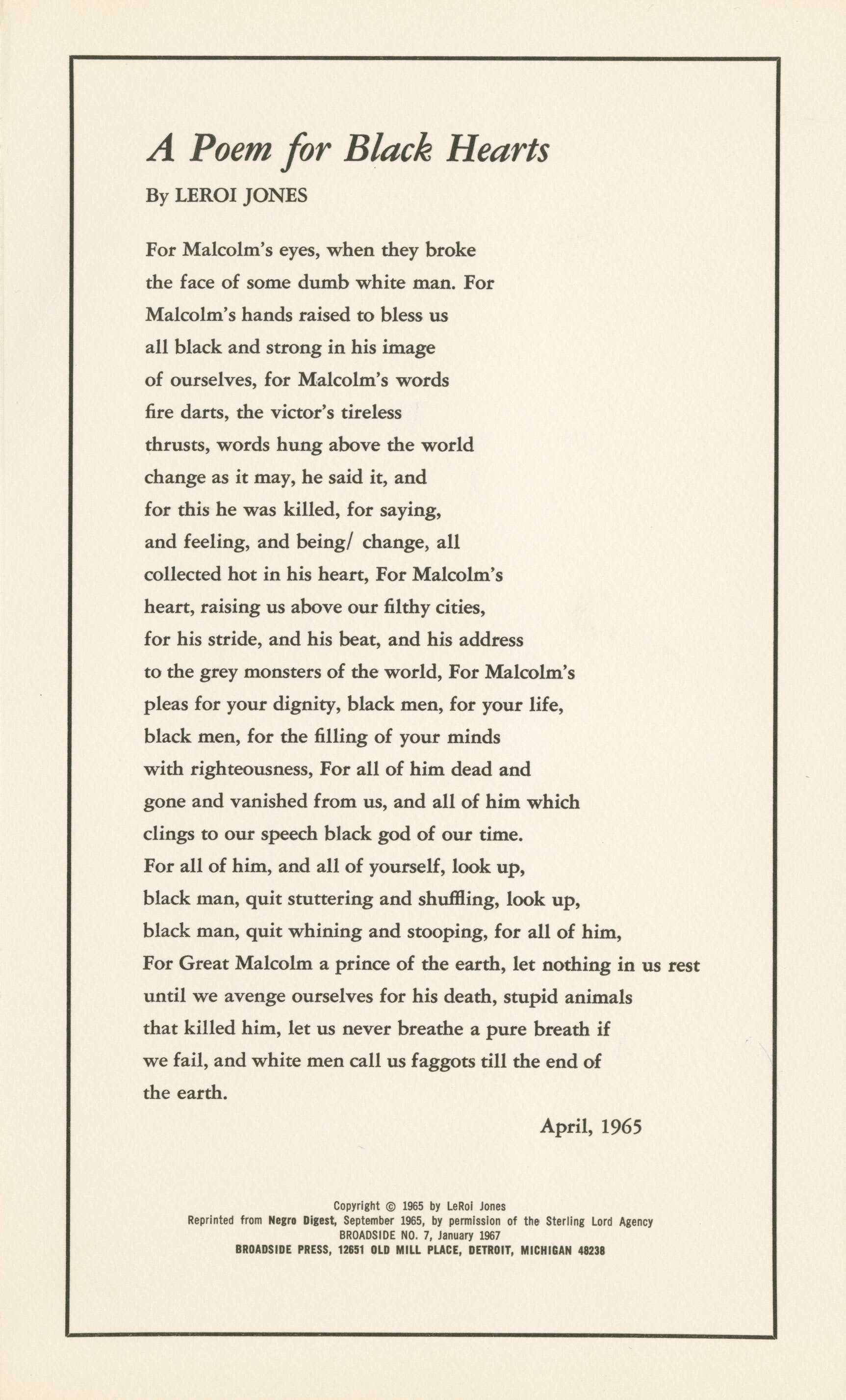 Poem printed in black ink on off-white paper titled A Poem for Black Hearts written by LeRoi Jones.