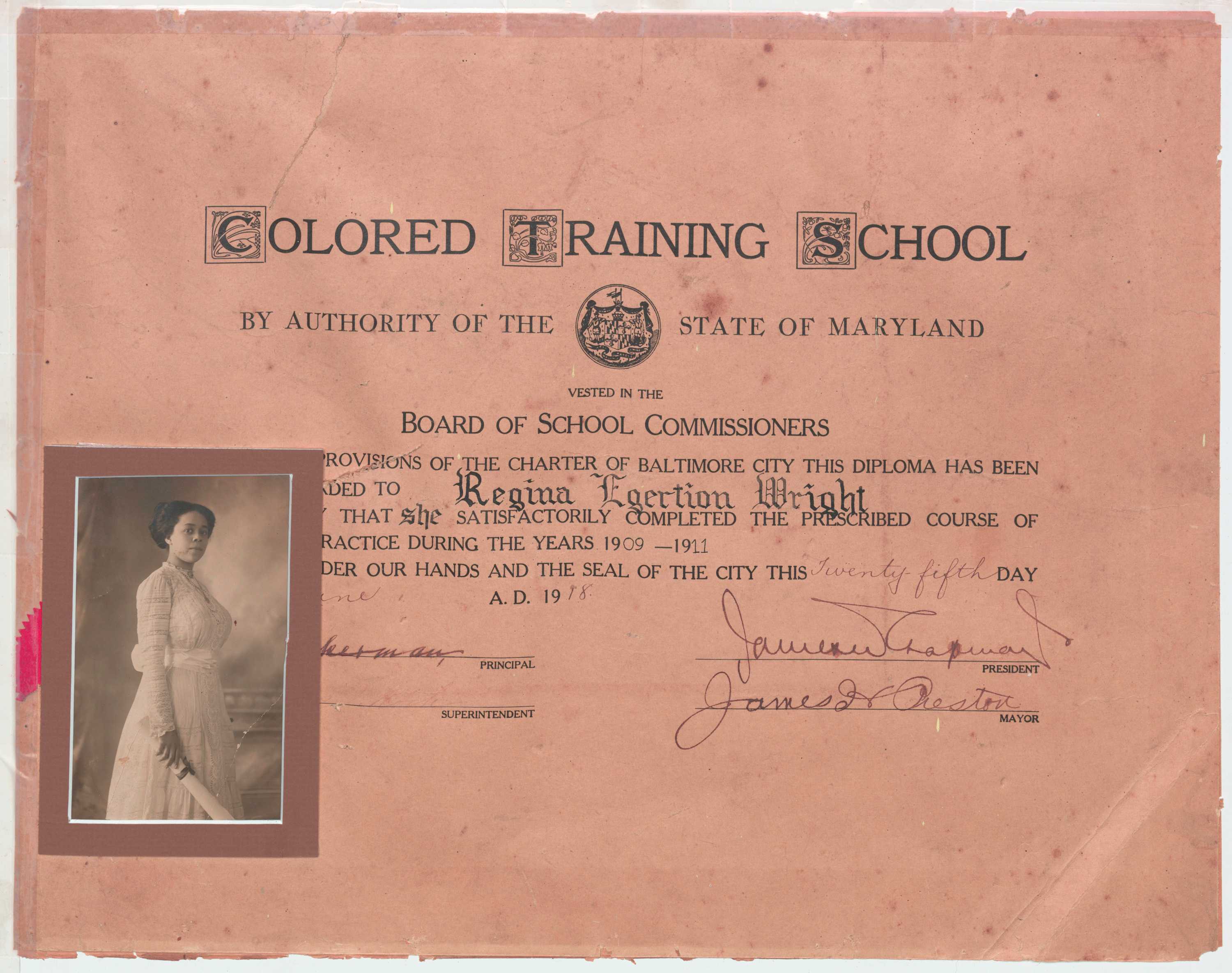 Colored Training School diploma issued to Regina Egertion Wright on June 25, 1918.