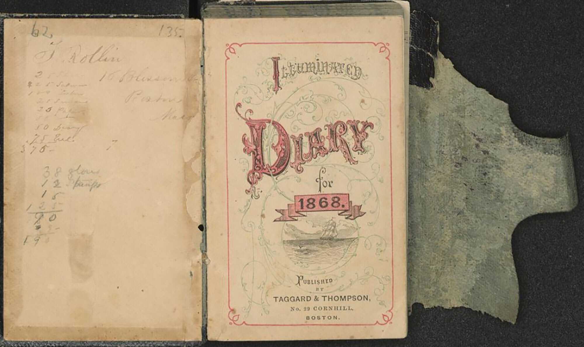 The inside title page is covered in decorative floral and leaf scroll work. The title reads, [ILLUMINATED / DIARY / for / 1868.]. Underneath is an illustrated image of the sea with a mast ship. The publisher below reads, [PUBLISHED BY / TAGGARD & THOMPSON, No. 29 CORNHILL, / BOSTON.]