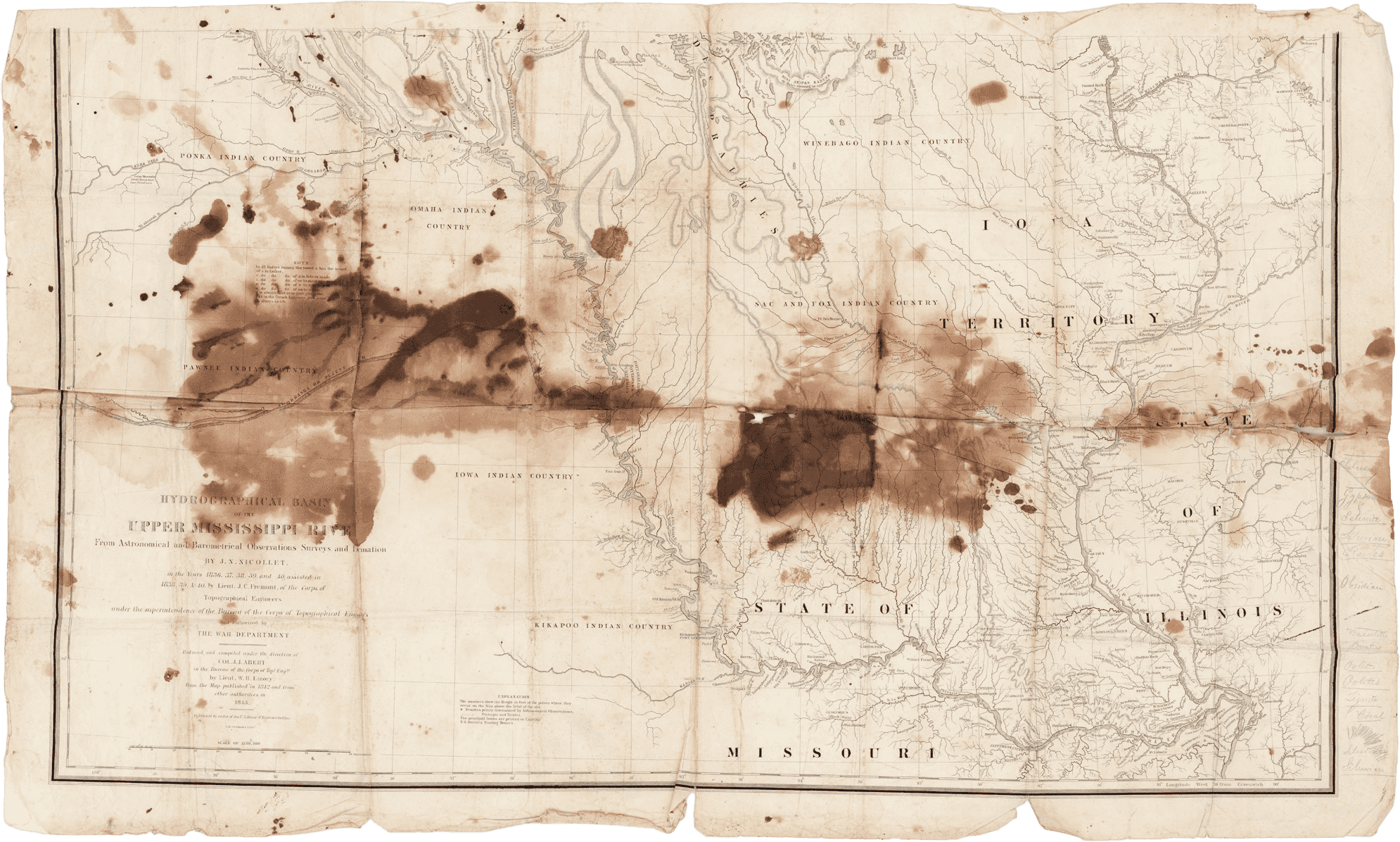 Map of the Hydrographical Basin of the Upper Mississippi River stained with David Hoyts blood
