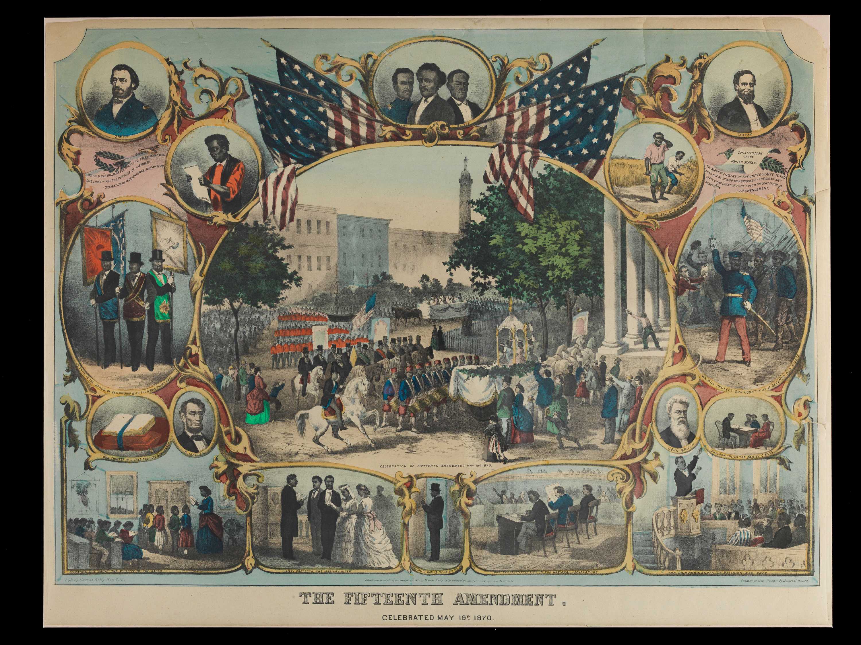 At center, a depiction of a parade in celebration in a town square. Framing it are portraits and vignettes illustrating the rights granted.