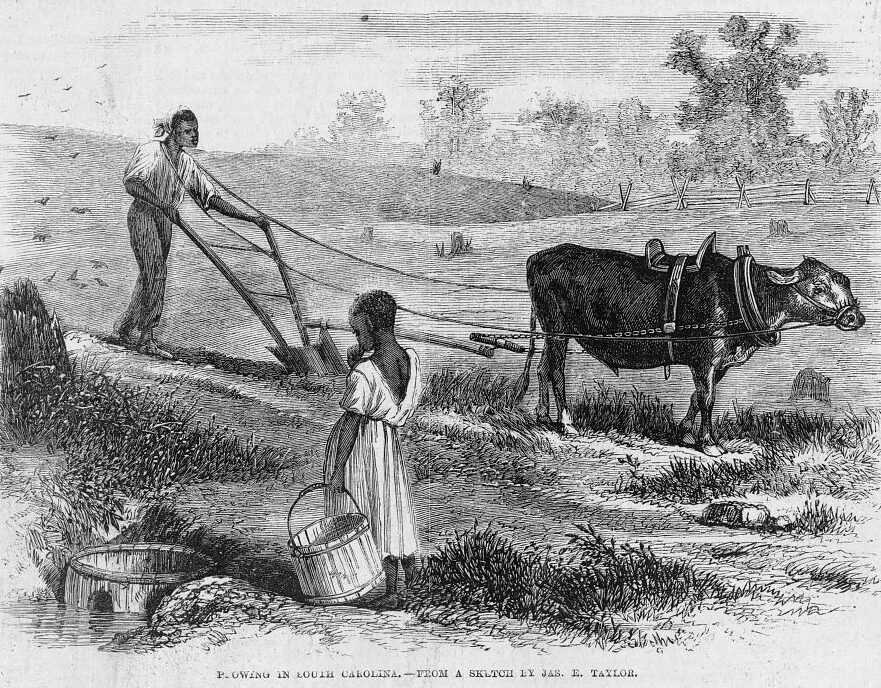 Illustration of man plowing a field with girl in foreground