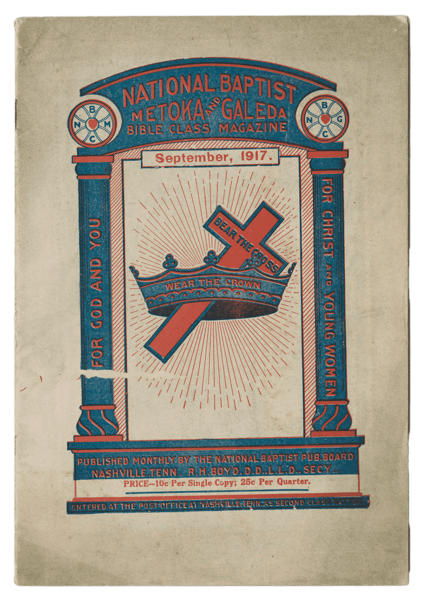 A magazine printed in red and blue ink on white paper. The front of the magazine has a cross within a crown at center.