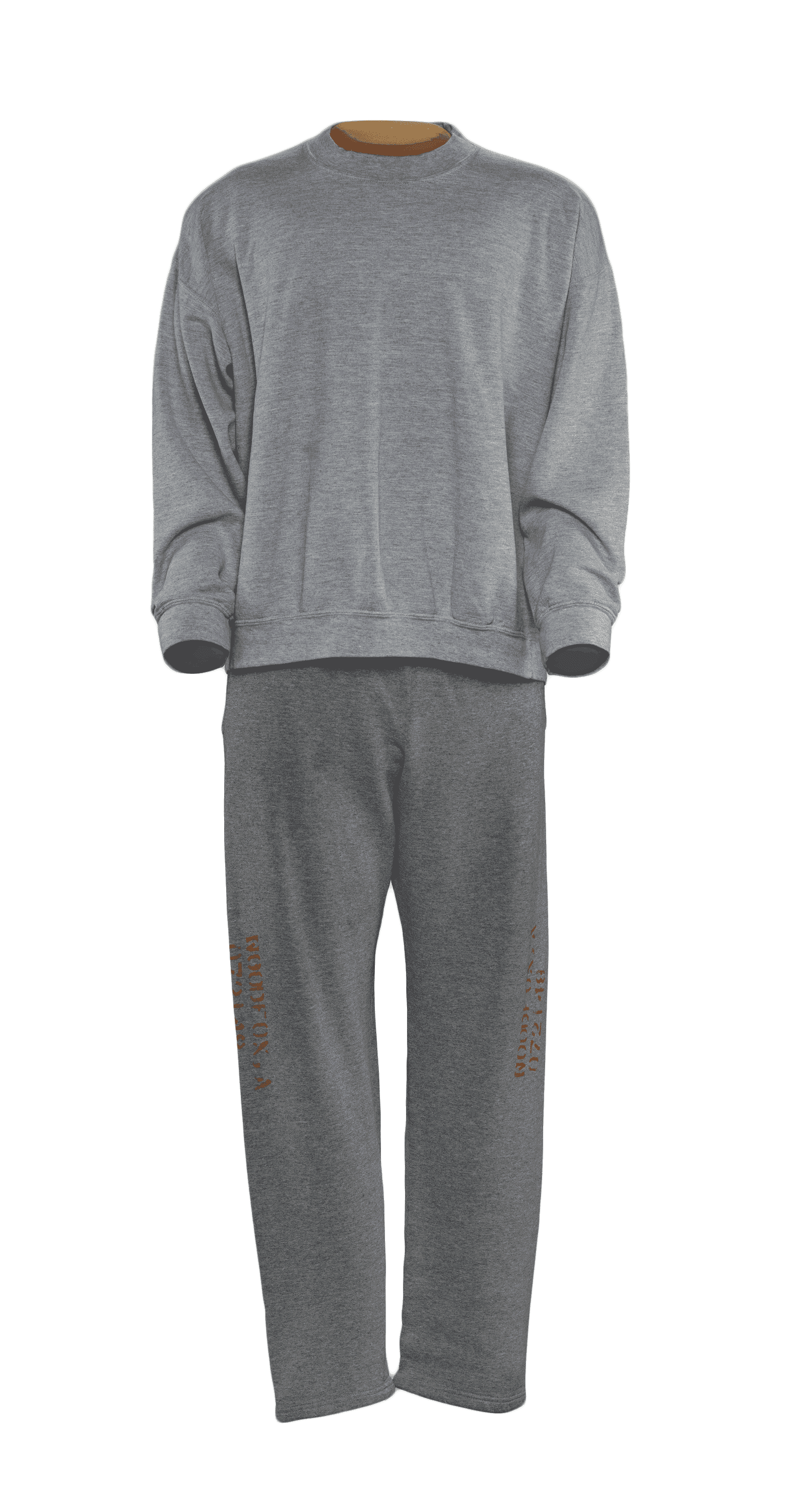 A men's light grey sweatshirt and dark gray sweats.