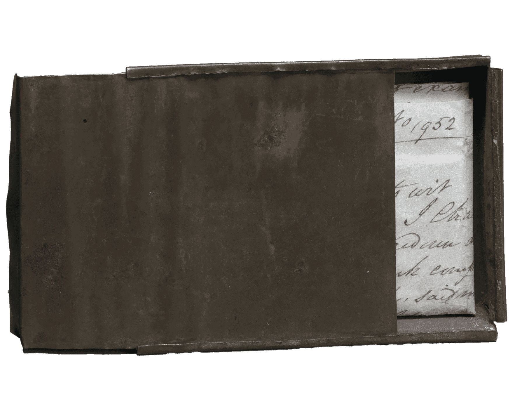 A small, handmade tin box with sliding lid. Used to hold certificate of freedom and carry in pocket.