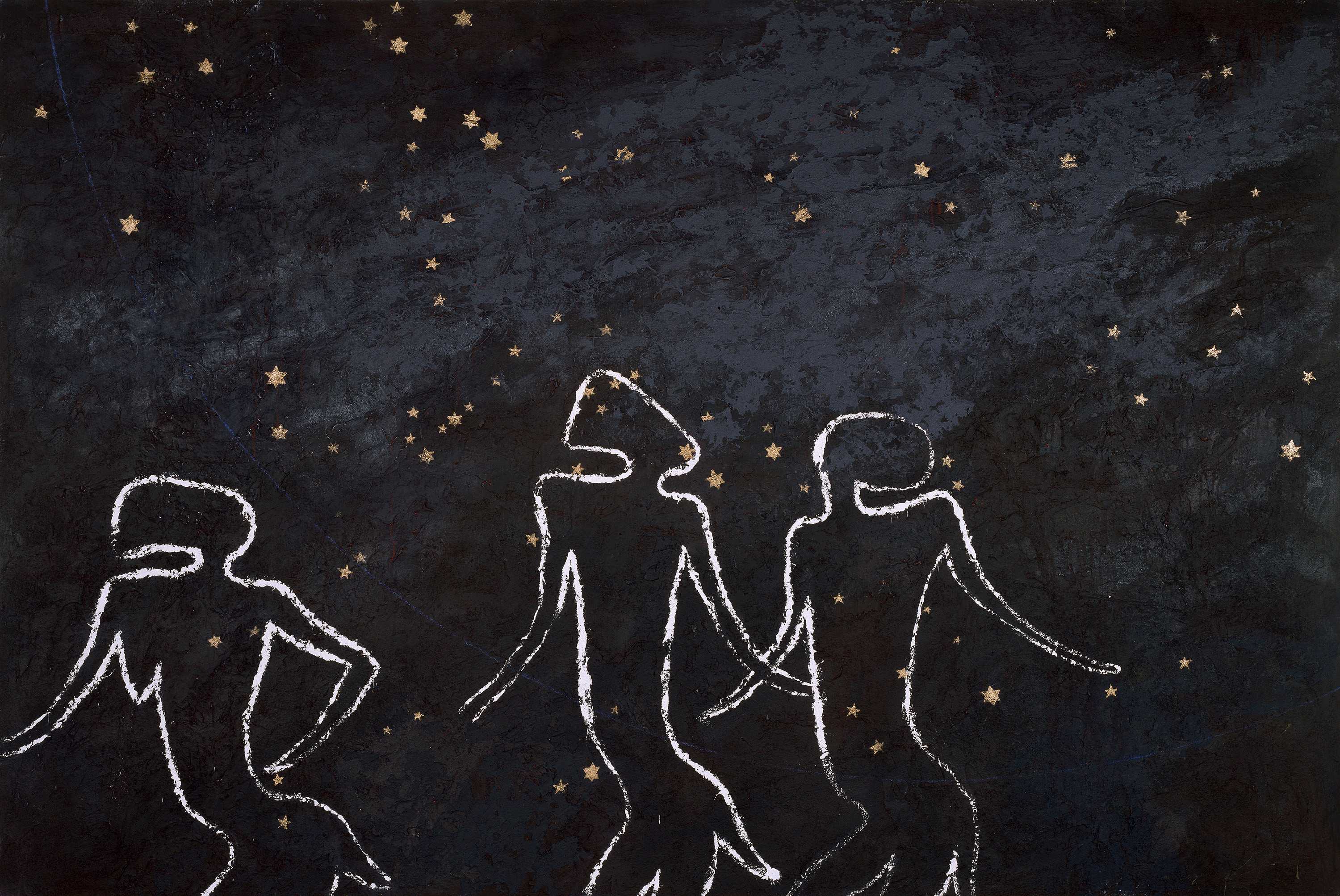 A drawing with three white-outlined figures gazing and exploring the dark sky and yellow stars above.