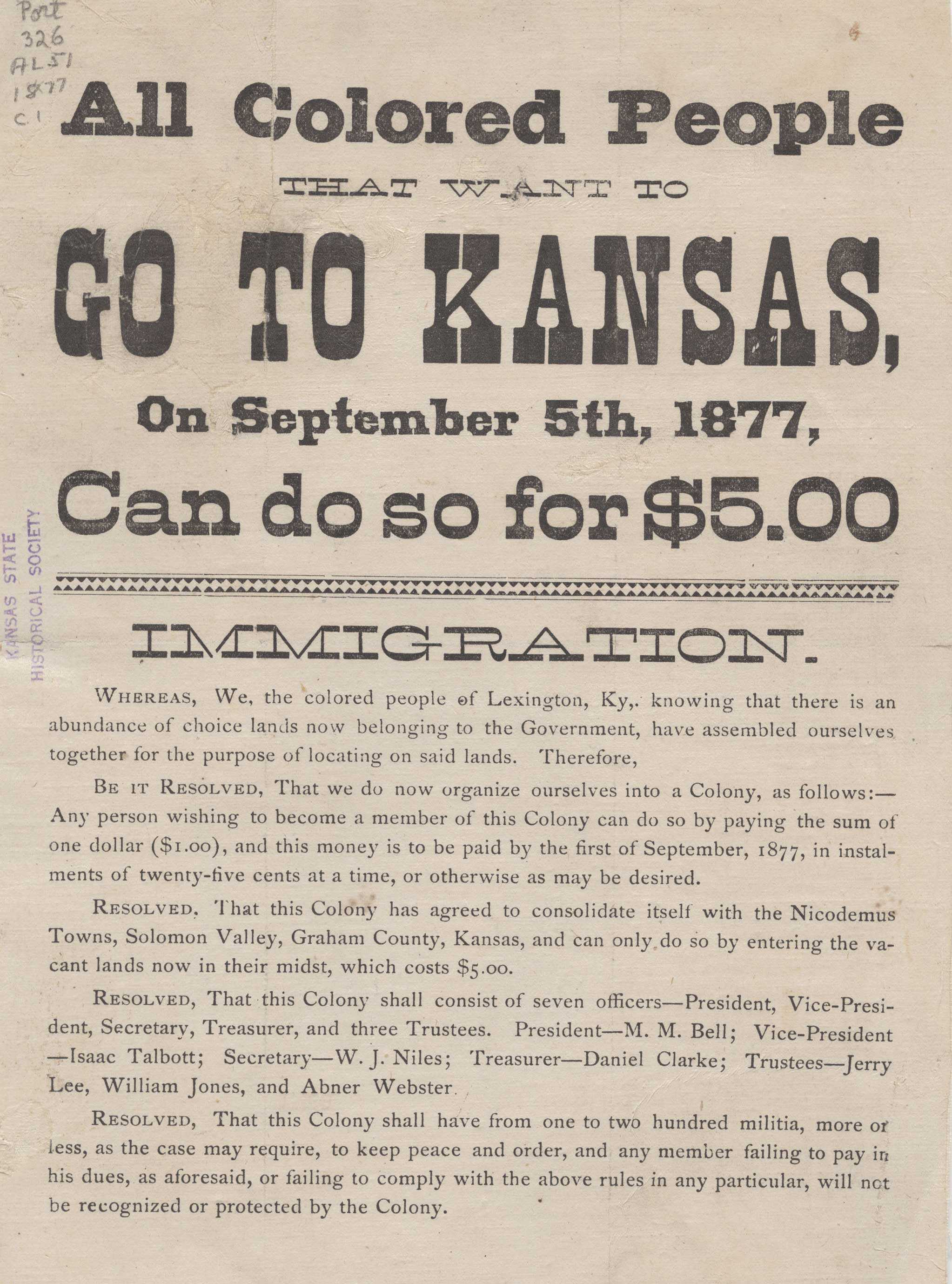 An ad for to take people from Lexington to Kansas. The header of the ad is in bolded and large text at the top.