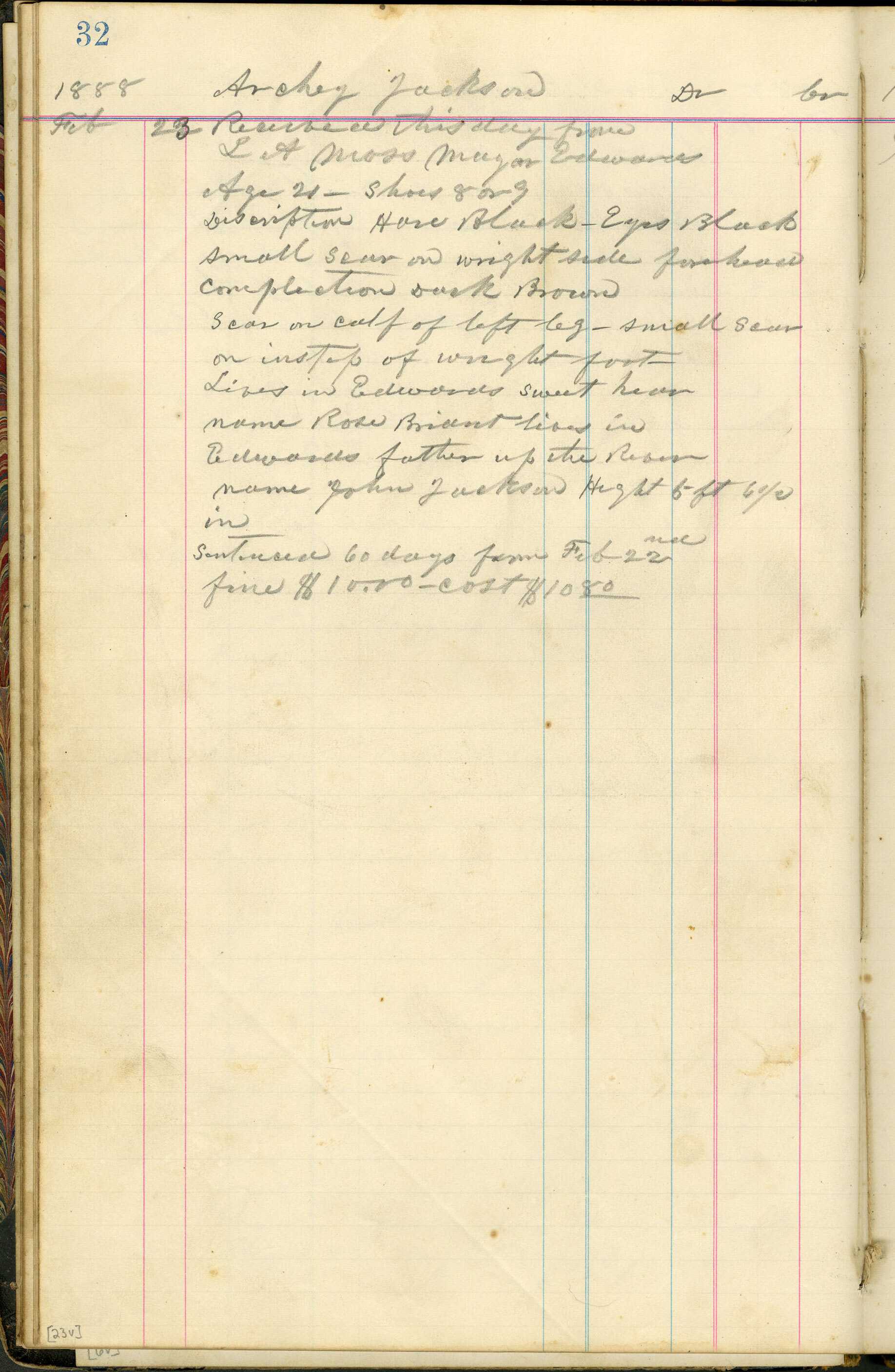 Page 32 of a ledger book. It is yellow lined and the top is filled out with curve writing in pencil.