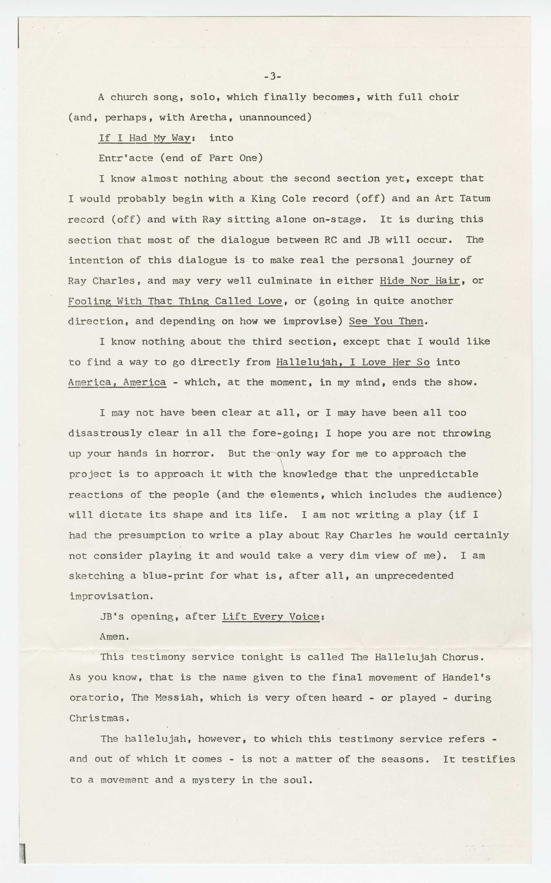 Image of a page of James Baldwin's Hallelujah Chorus. The text is typed in black ink on white paper.