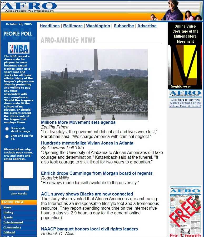 Screenshot of online edition of The Afro-American Newspapers (The AFRO), October 25, 2005