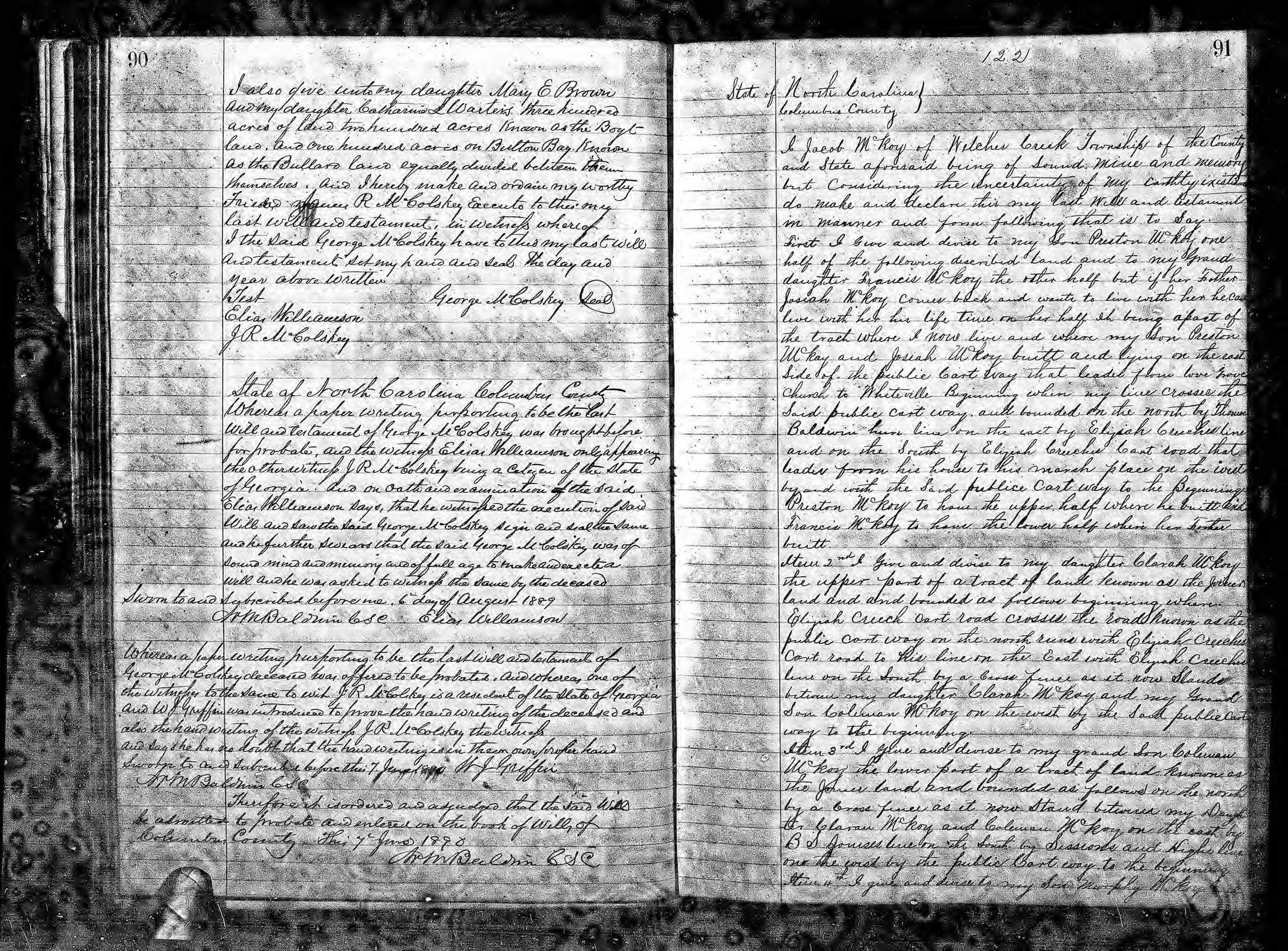 A scanned image of two filled notebook pages from the Last Will and Testament of Jacob McCoy document.