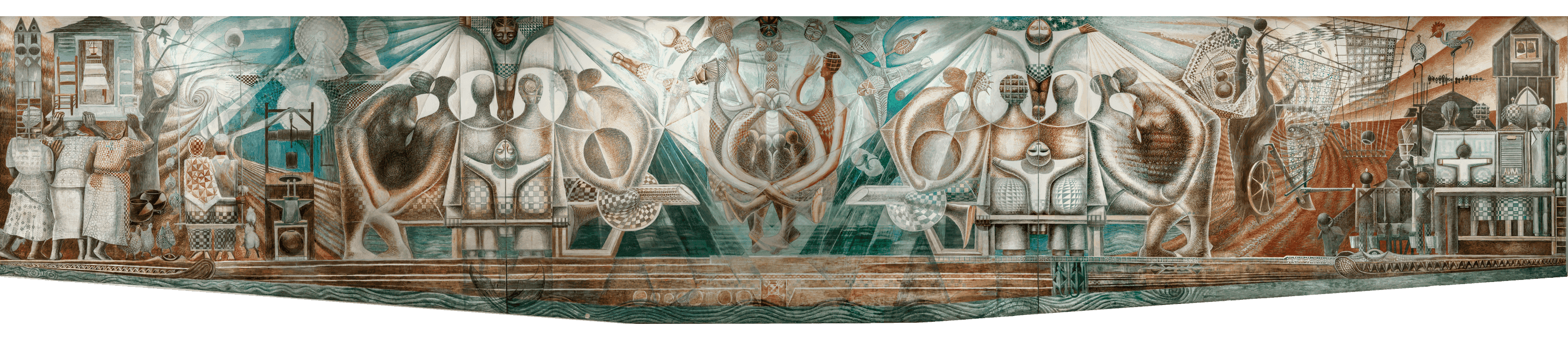 Abstract mural depicting various human figures, geometric shapes, and structures in earthy tones with hints of teal.