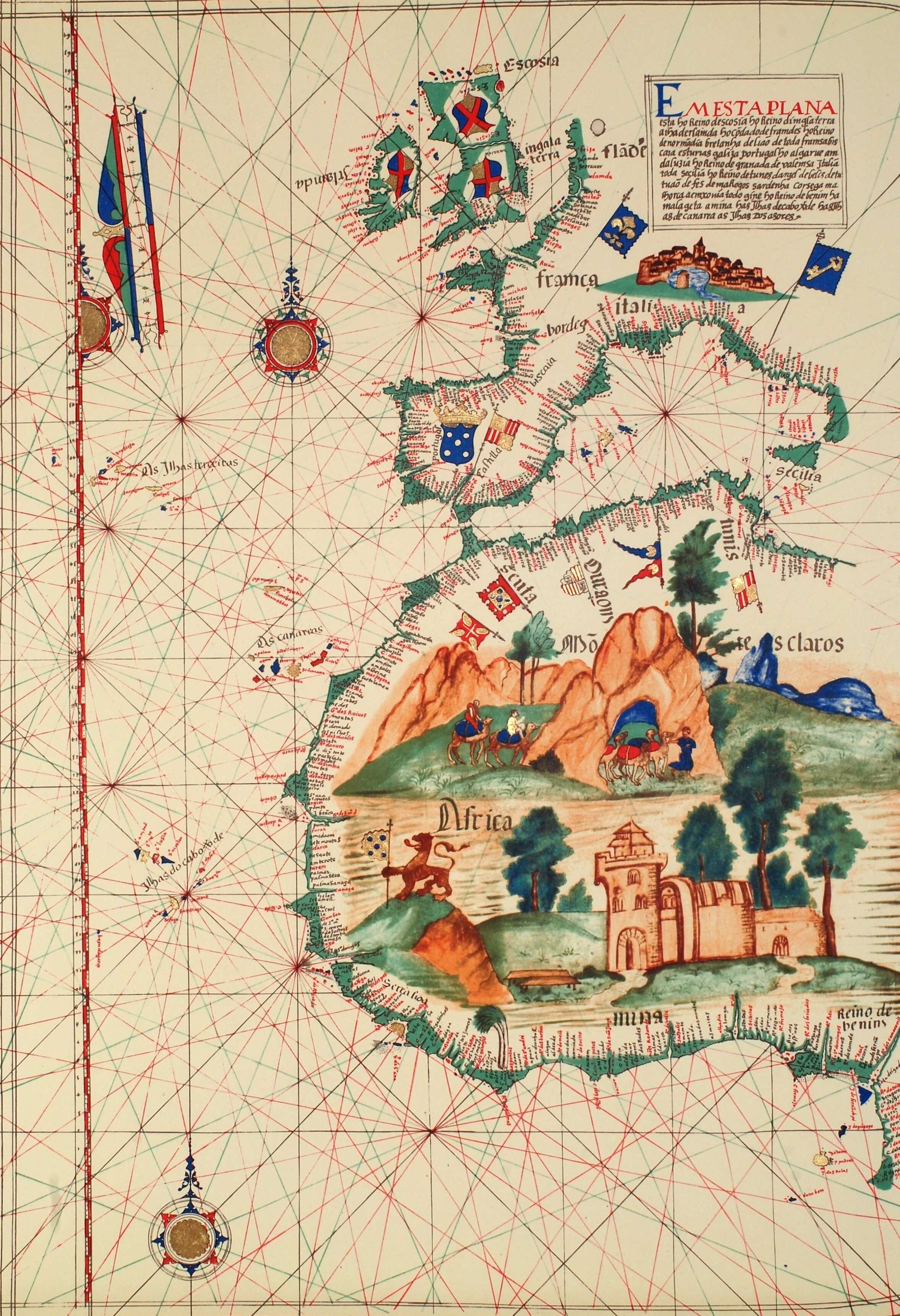 Colored nautical chart of Portuguese cartographer Lázaro Luís