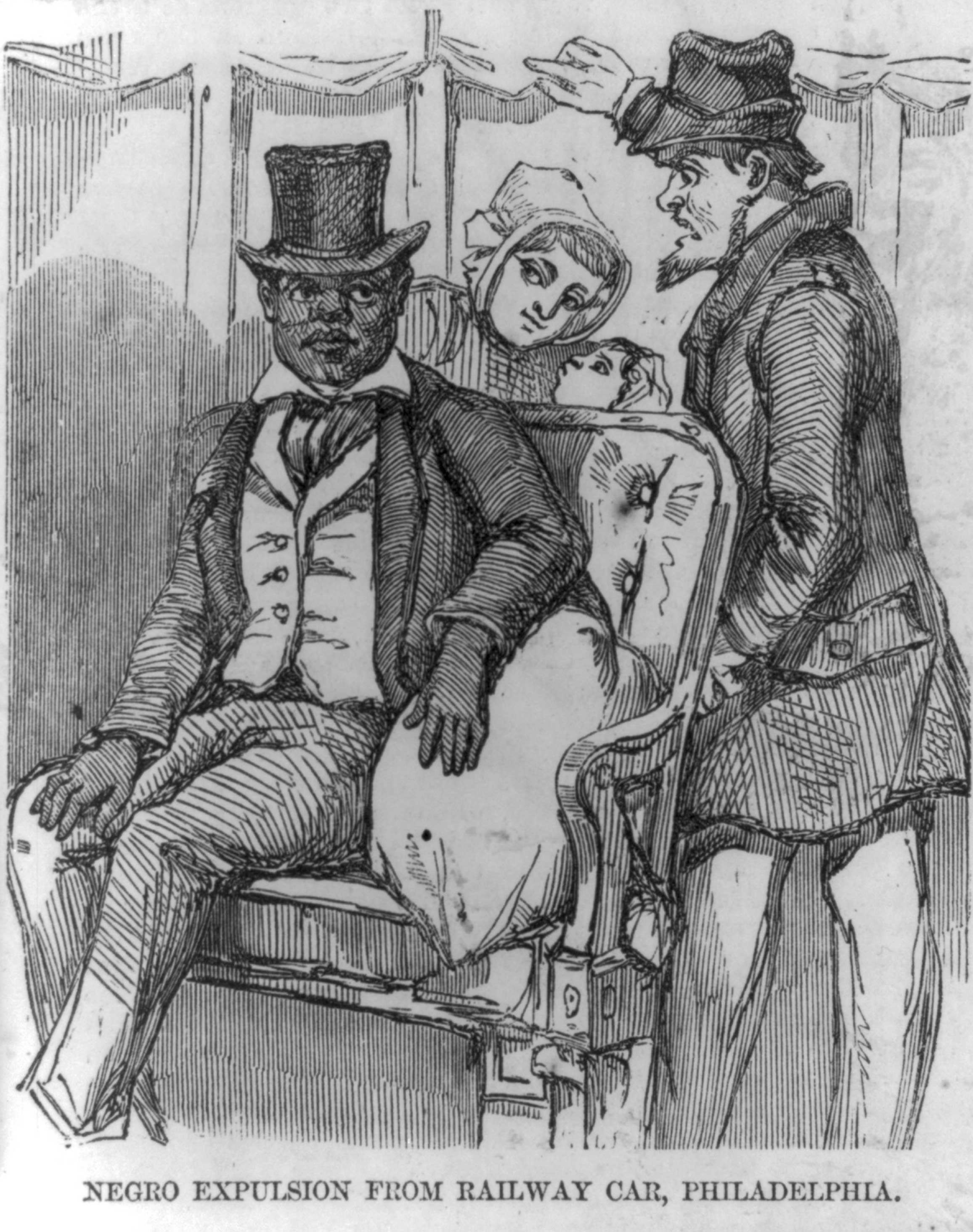 An cartoon drawing of an African American sitting down in a railway car, while a white family behind him, staring.