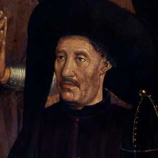 A painted portrait of Prince Henry the Navigator, dressed in all black and wearing a large black hat.