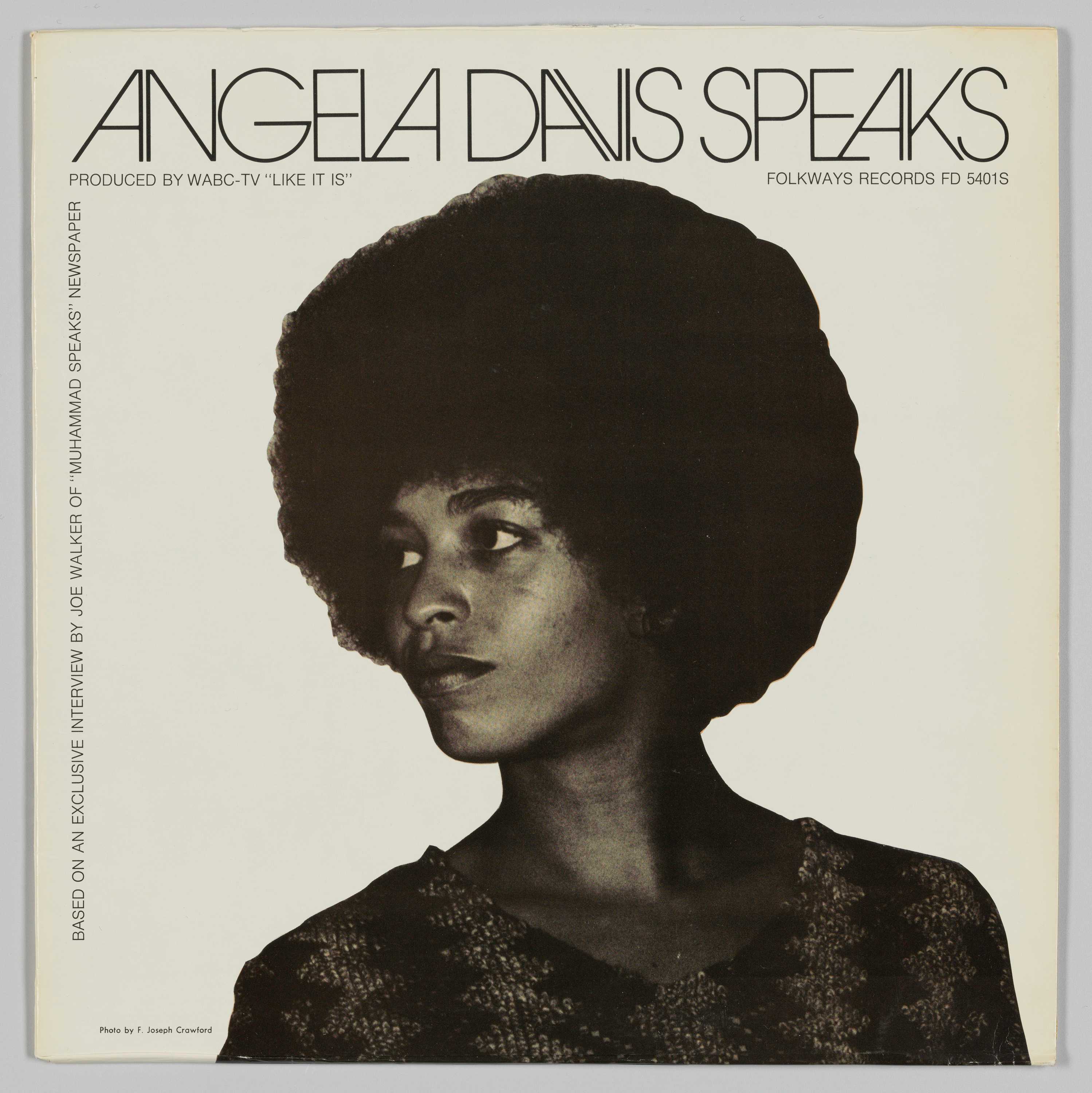 Image of the album jacket for Angela Davis's record "Angela Davis Speaks" featuring a photograph of Angela Davis.