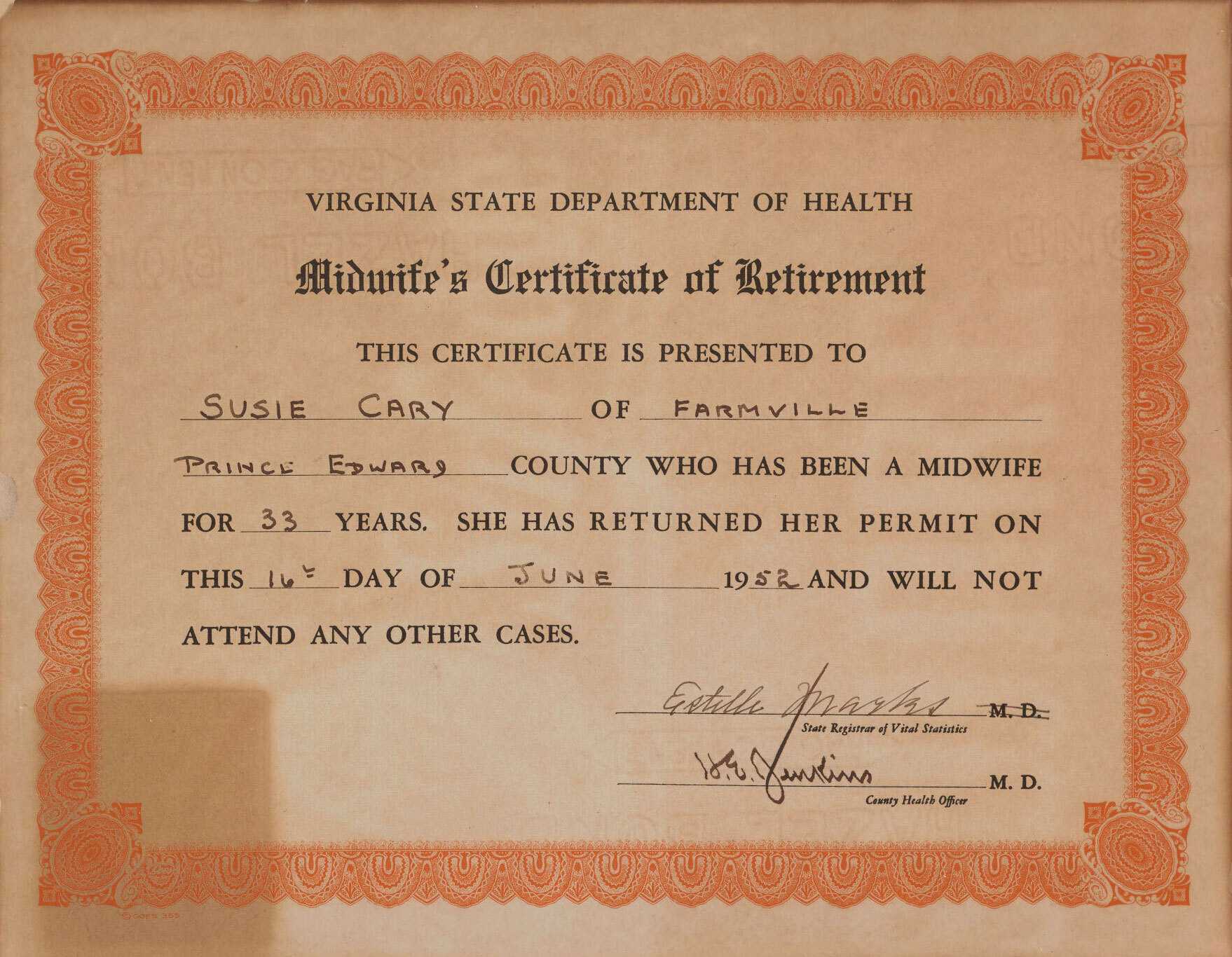A paper "Midwife's Certificate of Retirement" issued by the Virginia State Department of Health to Susie Carey.