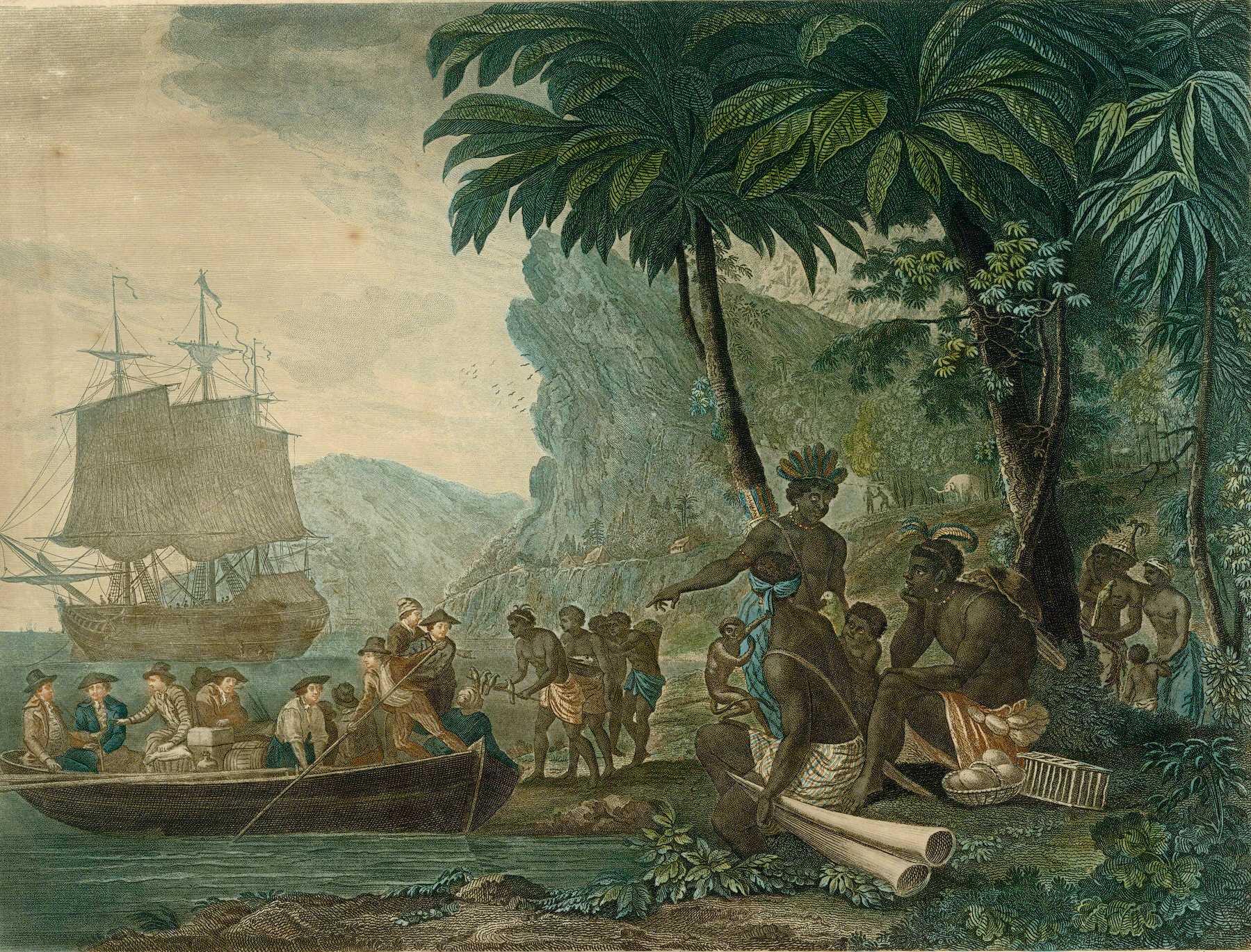 A painted illustration of European arriving in a small boat on the African coast with Africans talking with each other.