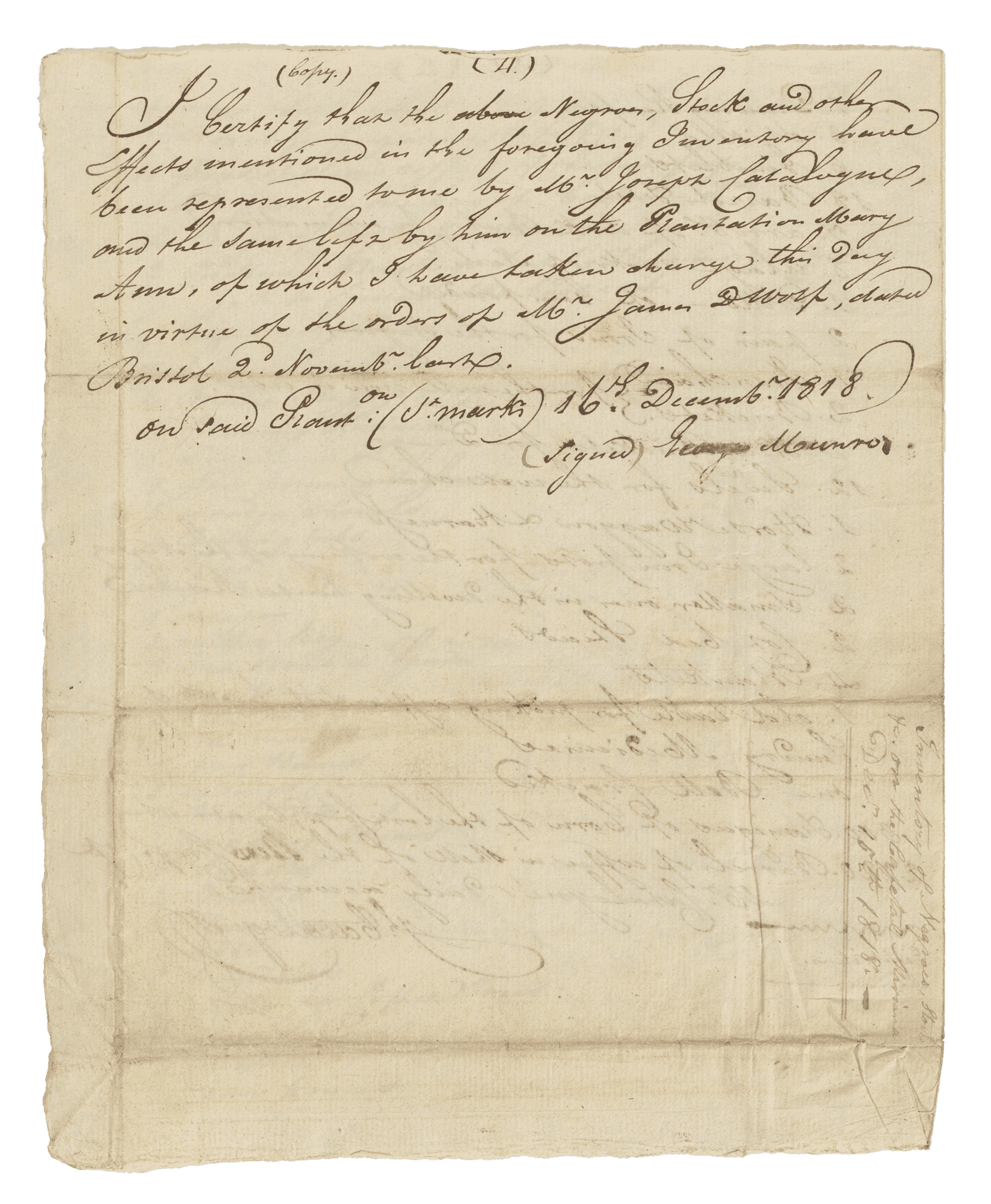 Photograph of an inventory of Mary Ann Plantation from the DeWolf Papers