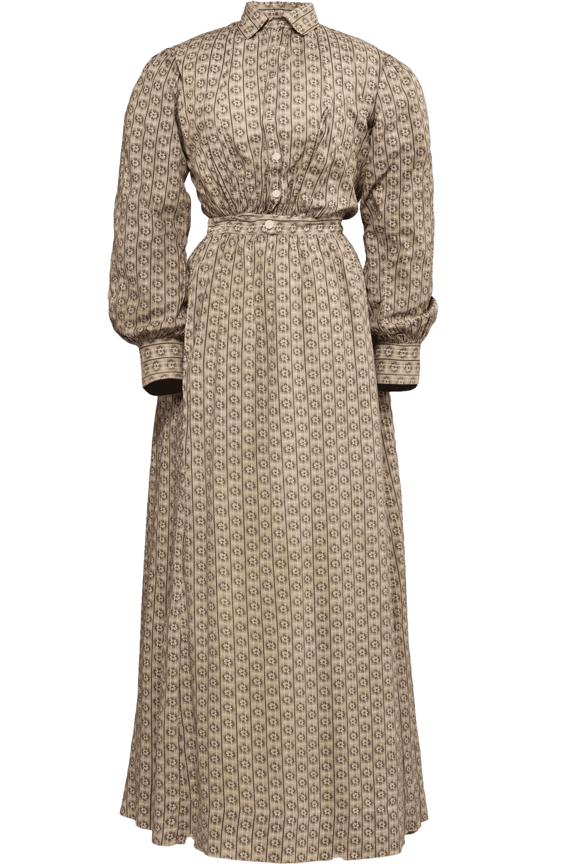 A single piece handsewn dress believed to have been worn by the formerly enslaved woman Tempy Ruby Bryant and handed down through her descendants. The dress is composed of a brown and taupe colored floral patterned fabric. The pattern has columns of flowers bordered by dark vertical lines with light vertical lines running through the flowers. The dress has white buttons at the waist, in a single row from waist to collar. Four buttons are missing: one at the waist and three near the collar. There is neat tucking at the waist band and sleeve cuffs.