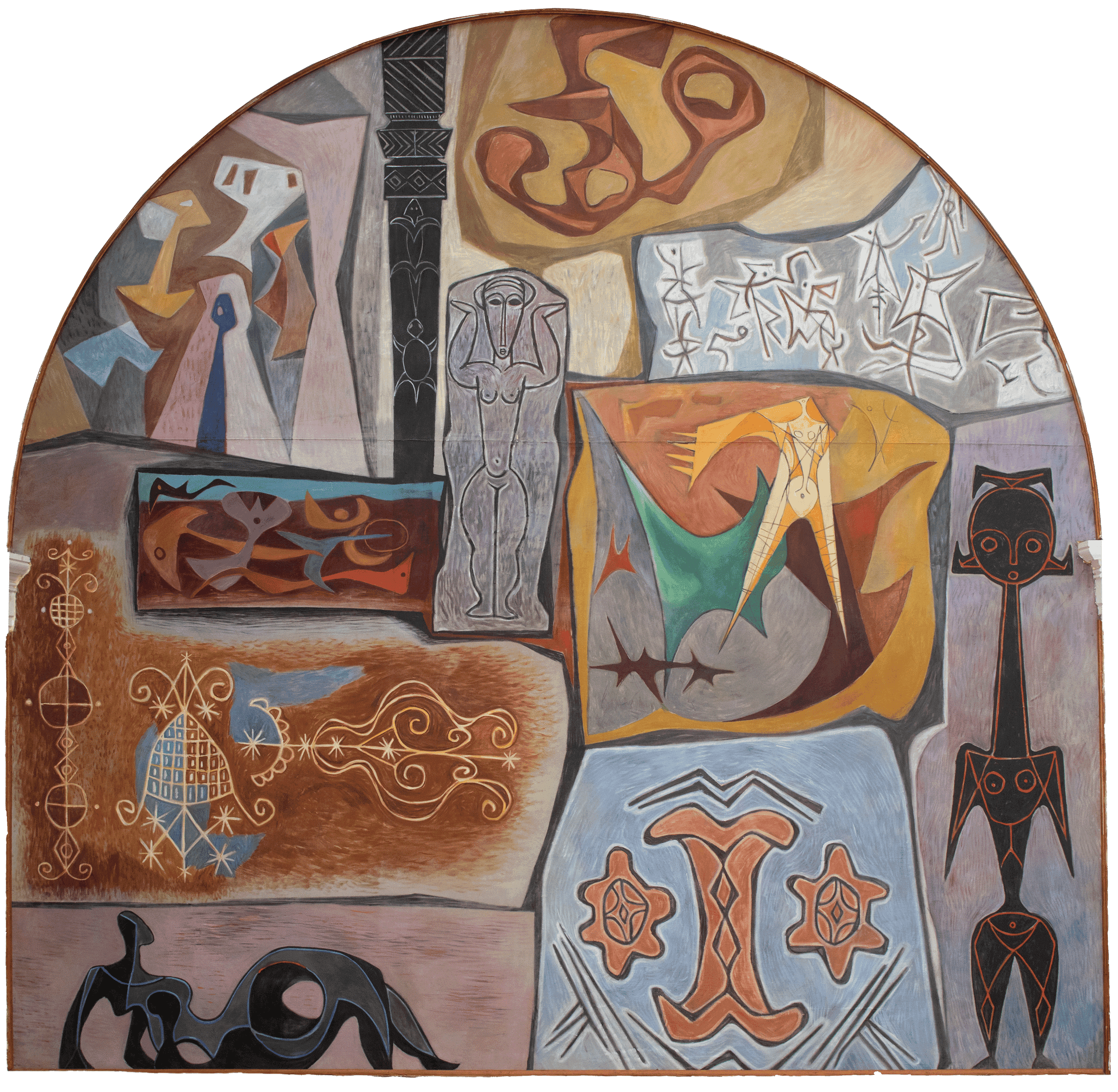 Abstract mural featuring geometric and organic shapes, stylized figures, animals, and intricate patterns in vibrant earthy and bright tones.