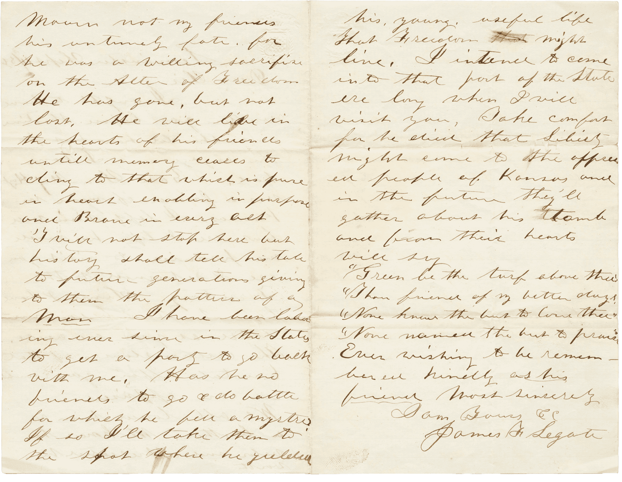 A letter, handwritten in black ink on white paper, offering the condolences of James F. Legate to the parents of David Hoyt on the occasion of Hoyt's death. The letter is written in brown ink on a single sheet of white paper, folded to make four pages. The correspondence begins on the first page with [Leominster Sept 13/56 / Dear Sir] and concludes on the third page with [Ever wishing to be remem- / bered kindly as his friend most sincerely / I am Yours / James F. Legate].