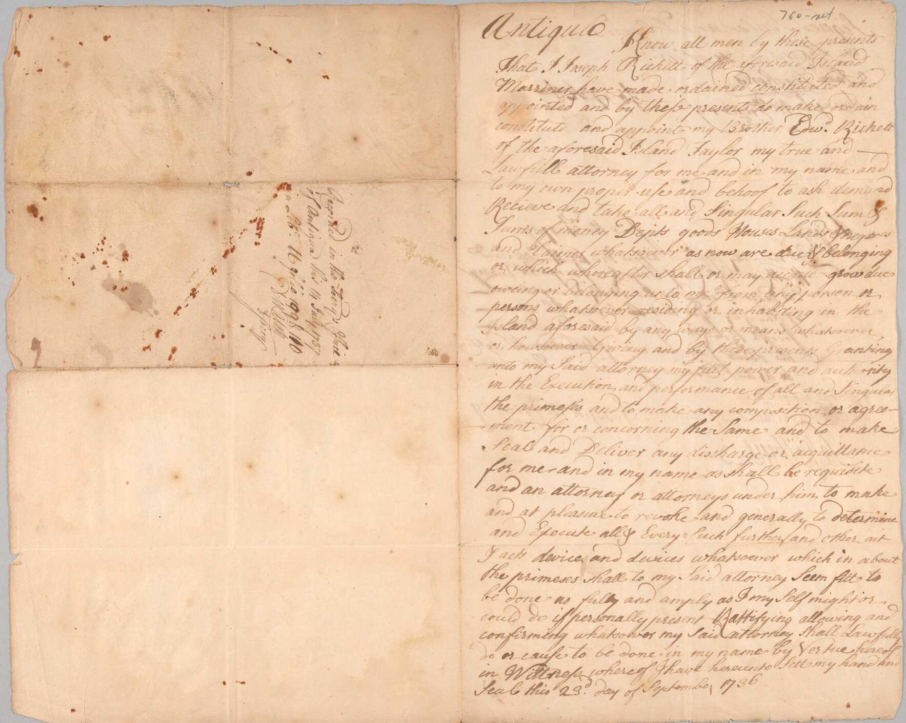 A handwritten will for Joseph Rickett of Antigua dated September 23, 1736 with  Samuel Hoskins and Joseph MacEnnery signature on the left.