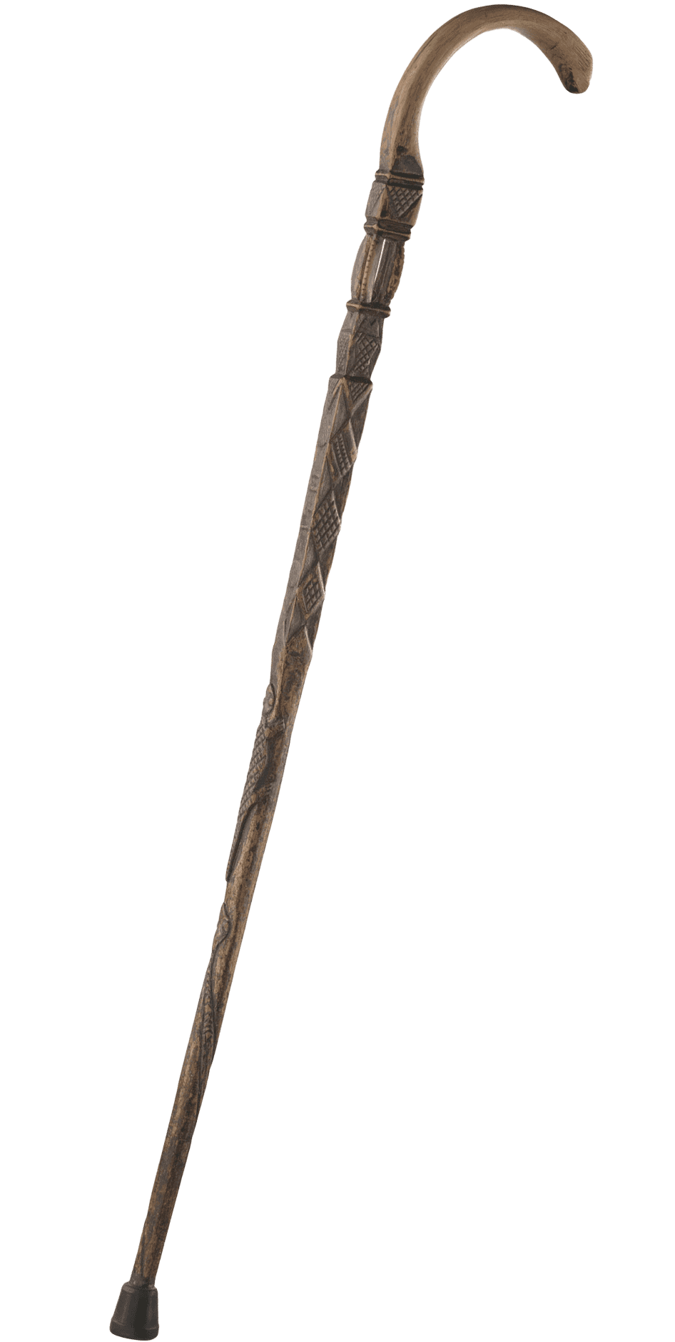 A carved wooden walking cane owned by Sen. W.B. Nash. The length of the cane is cylindrical at the bottom but squared off about halfway up. The cane has been incised over much of its surface with geometric and animal decorations, including diamonds, fish, snake and lizard. [19  11] is carved on the outward facing side of the cane. Near the head of the cane is a carved chamber with four curved posts inside which rolls a loose wooden ball. The top of the cane is curved, pale and very smooth from use. At the handle of the cane handle is another incised section, a geometric design or possibly letters. There is a black rubber piece, not original, adhered to the foot of the cane.