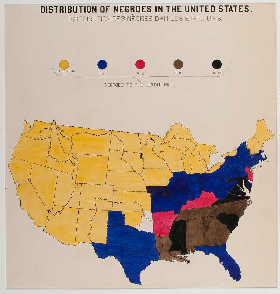 A hand drawn, color coded map of the United States showing the distribution of  African American Population in the United States.  The map is color coded in yellow (less than 1), blue (1-4), red (4-8), brown (8-15) and black (15-25) African American persons per square mile.