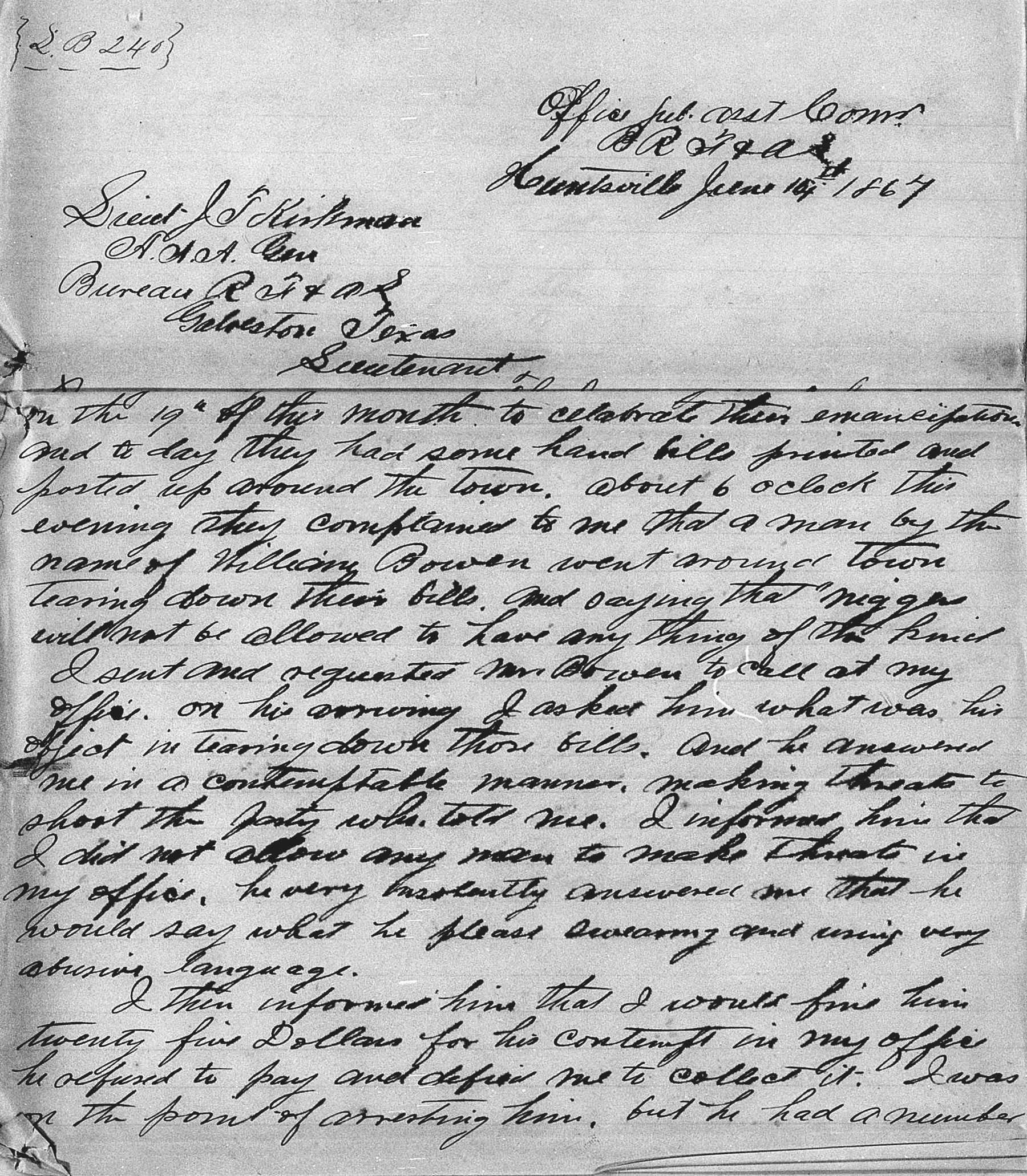Handwritten letter dated June 19, 1867, from Huntsville, discussing an incident involving William Powers during emancipation celebrations.