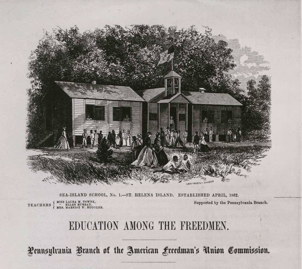 St. Helena School engraving has an illustration of the school above an article that is titled "Education among the Freedmen"