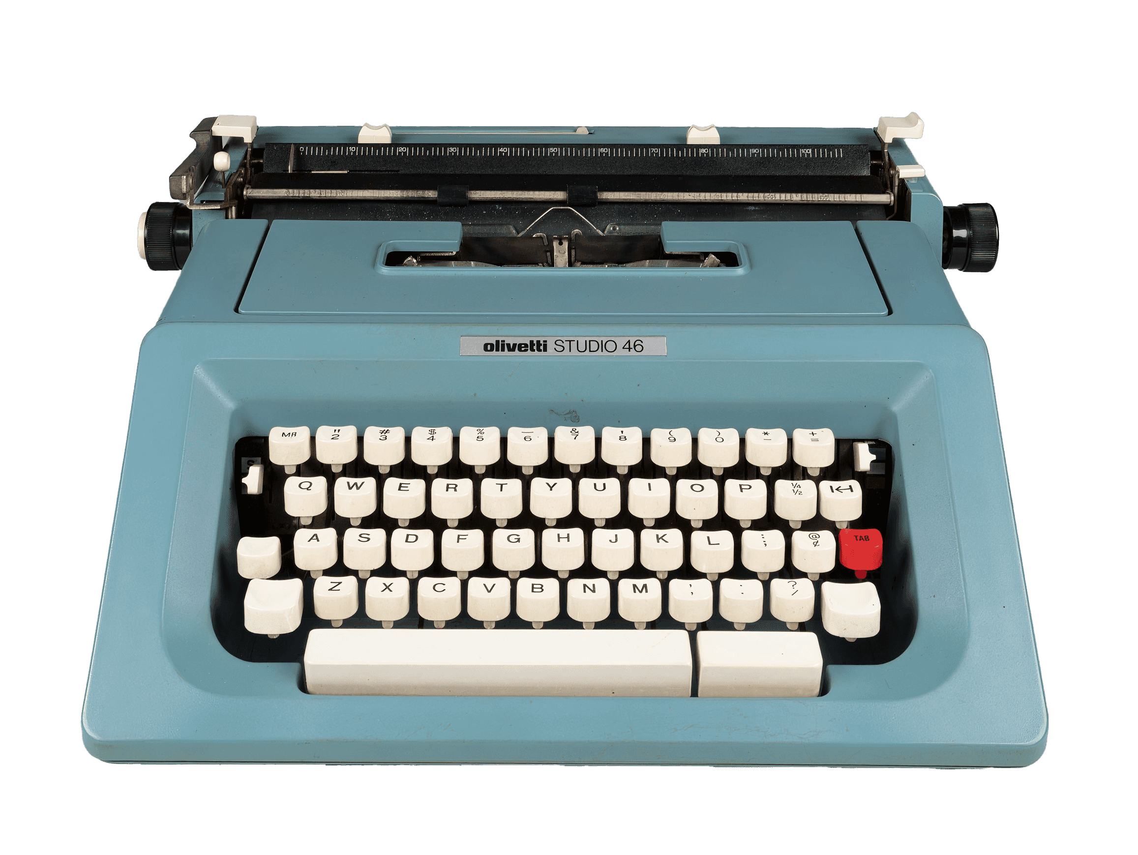 The Olivetti Studio 46 Typewriter has a teal blue body and white keys, except for one red key on the right..